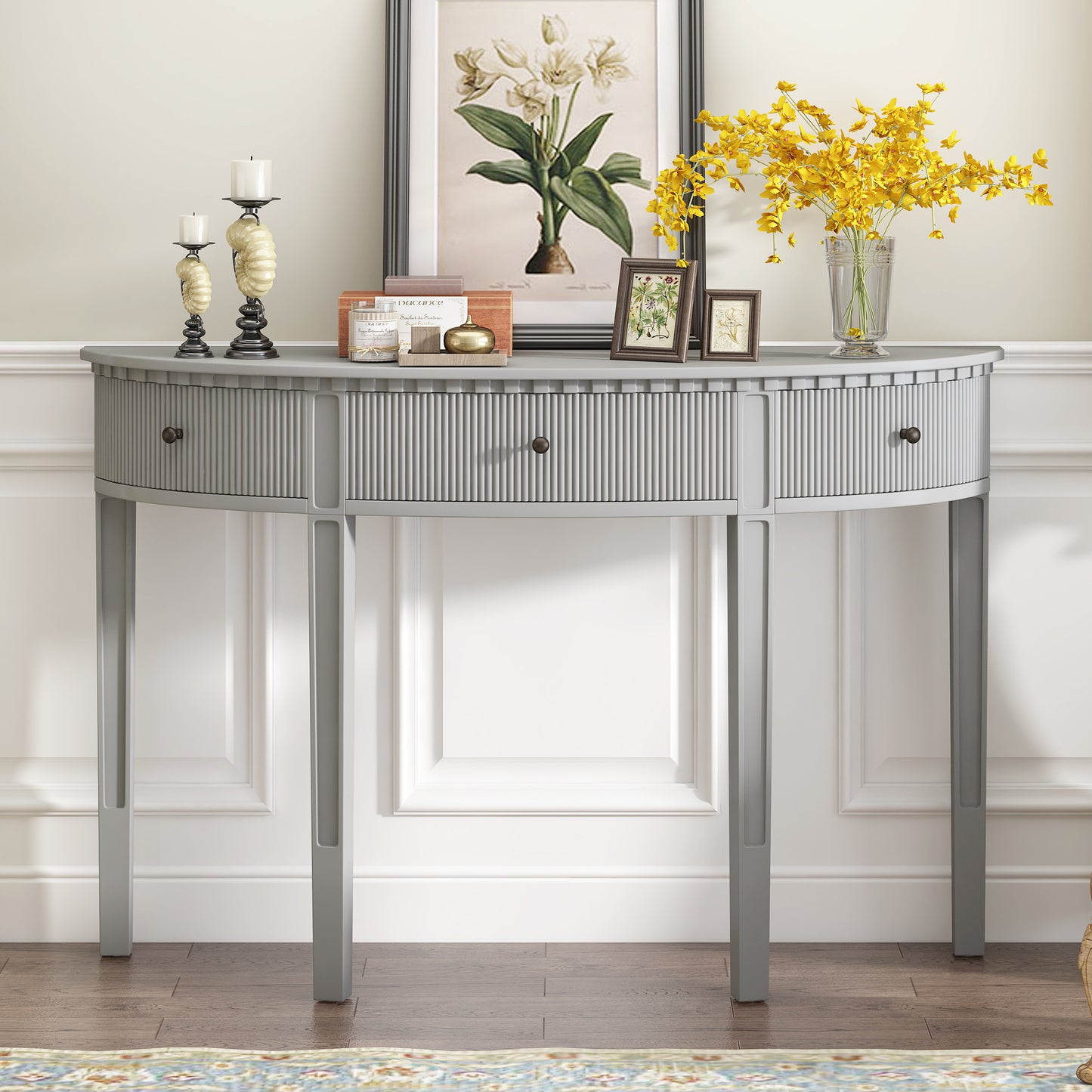 Distinctive Features of Pine Veneer Console Table with Vertical Stripe Drawer Fronts and Four Legs