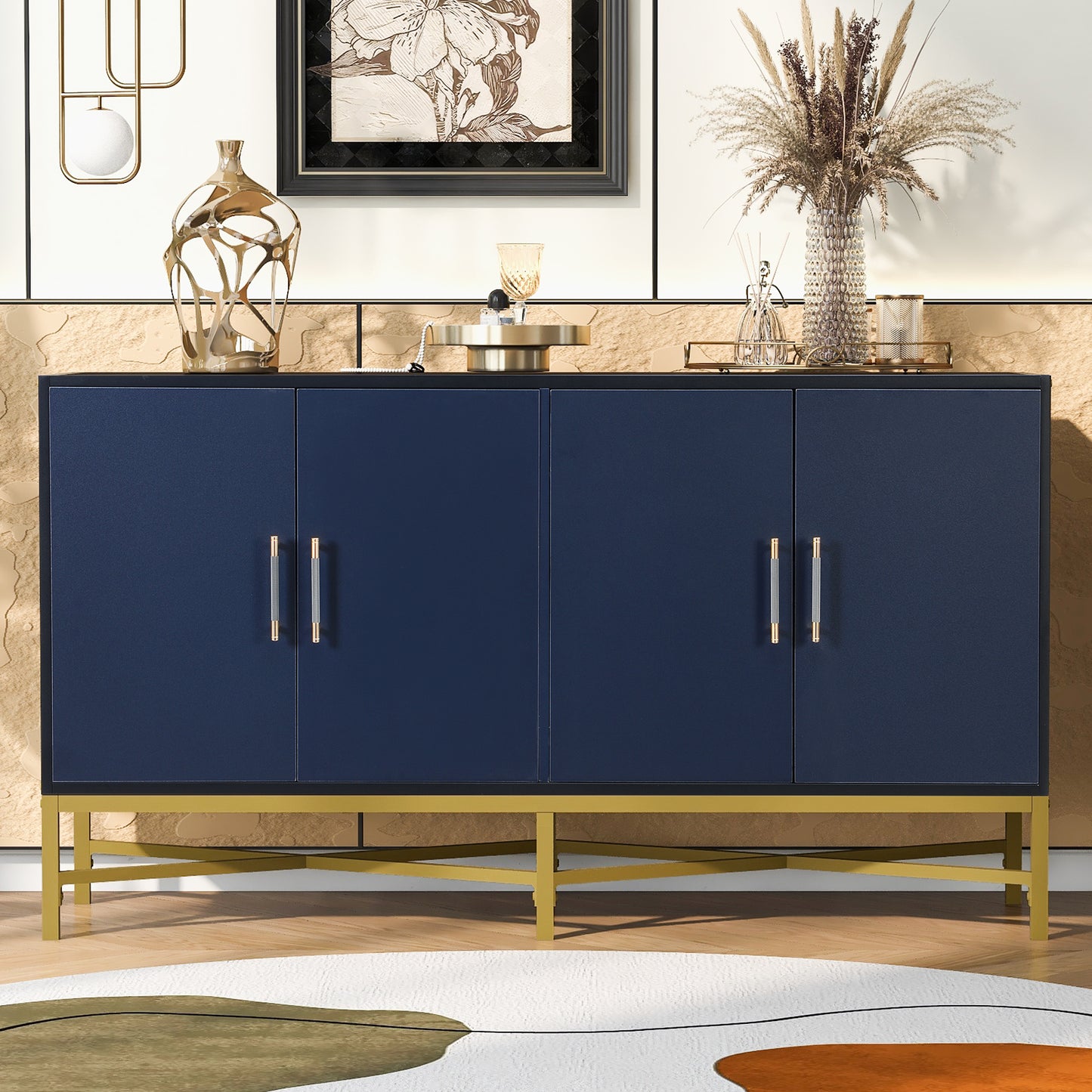 Distinctive Features of Four-Door Sideboard with Metal and Cross-Leg Design,Suitable for Living Rooms,Entrance and Study