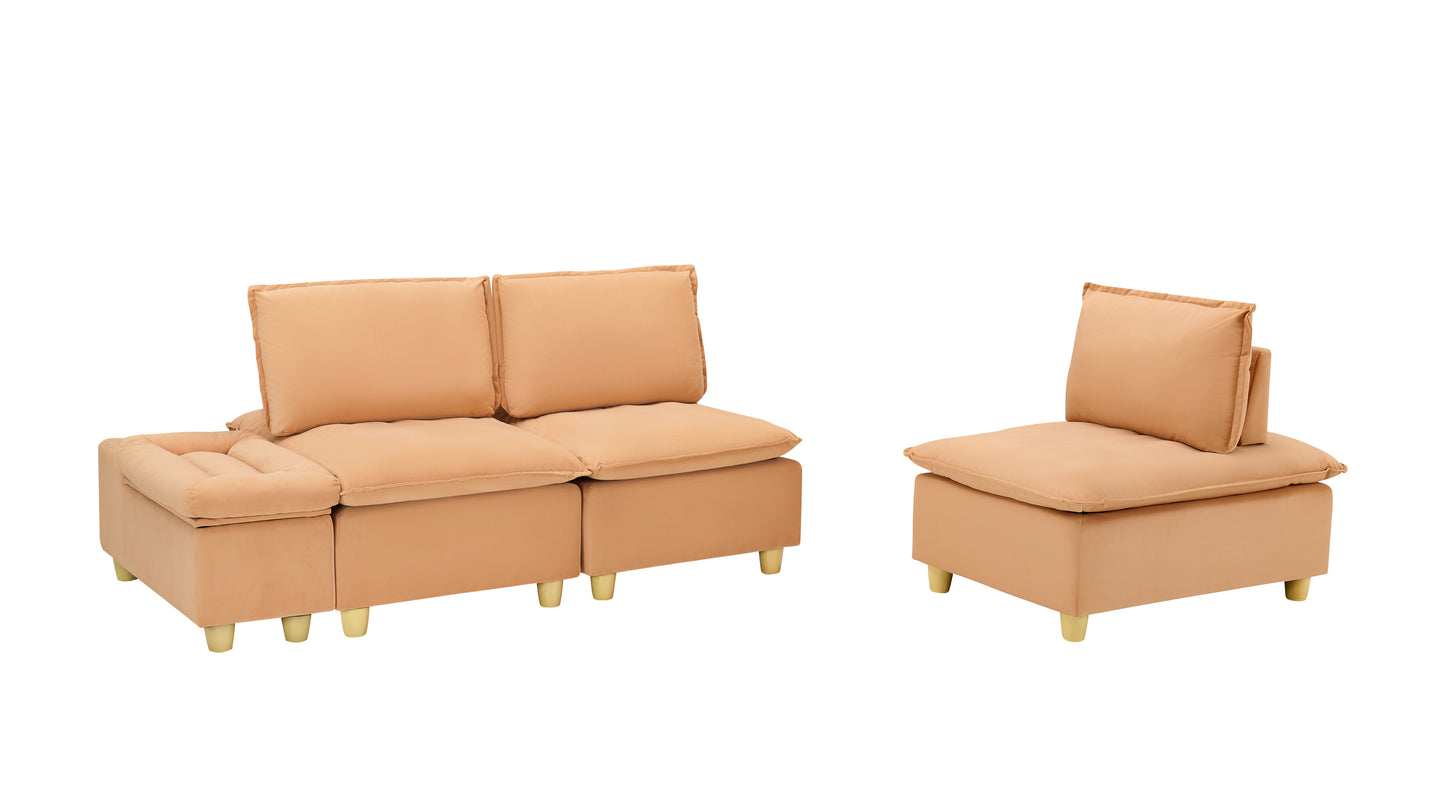 104-inch fashionable and minimalist straight-row three-seater pumpkin-colored flannel sofa with a storage compartment, cup holders and an adjustable backrest is suitable for living rooms and balconies