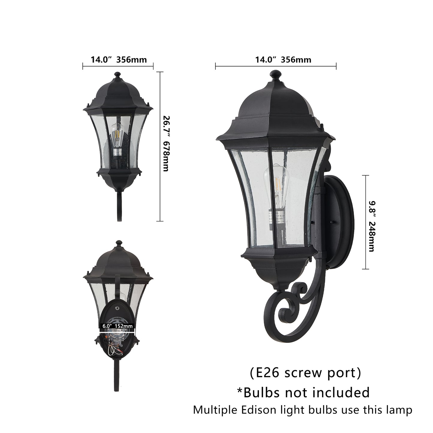 1-Pack Outdoor Wall Lantern with Dusk to Dawn Sensor, Black Weatherrproof Exterior Light Fixture with Clear Bubble Glass, Vintage Wall Sconce for Porch, Patio, Entryway, and Garage (No Bulb)
