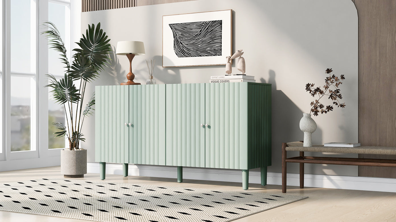 Elegant Four-Door Sideboard with Wavy Pattern Doors, Cylindrical Legs, and Sleek Metal Handles, Adjustable, Suitable for Study, Entryway and Living Room