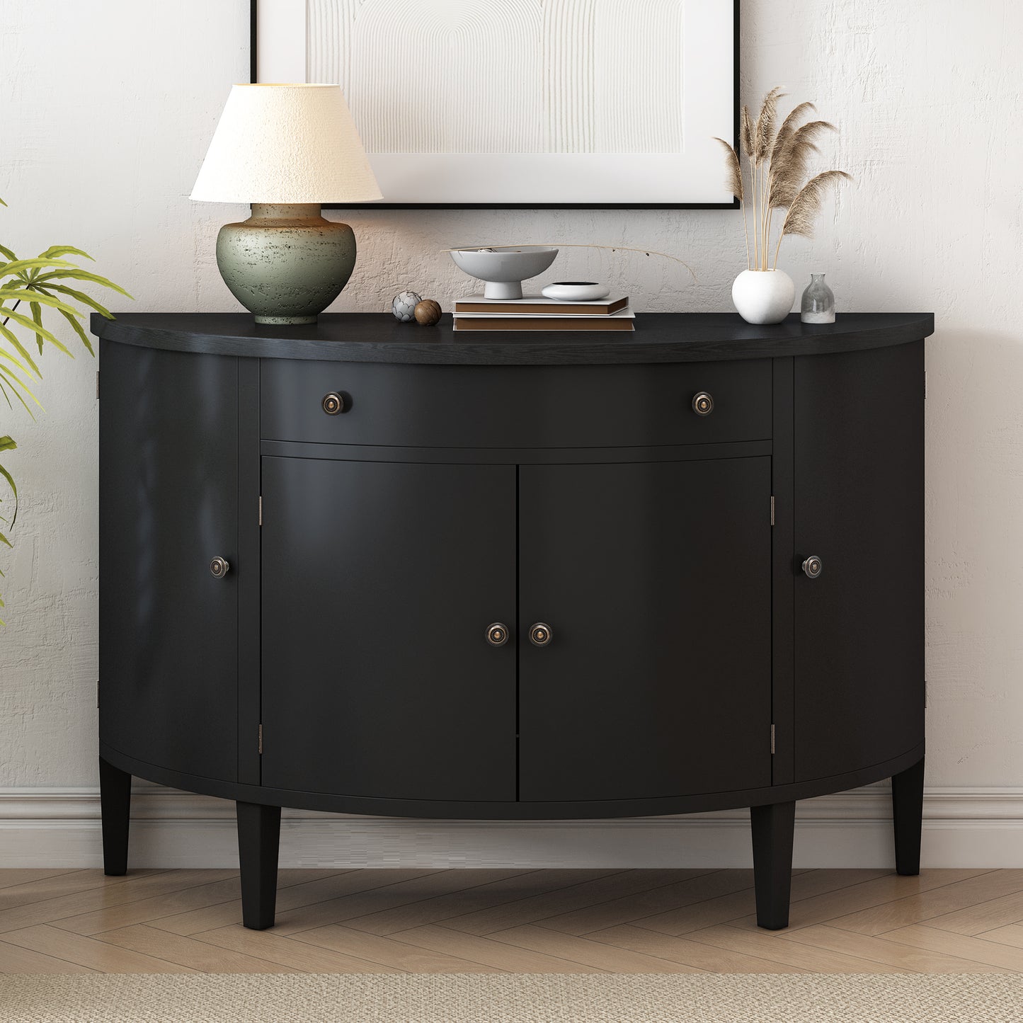 Curved Design Storage Cabinet made of Fraxinus Mandschuric Solid Wood Veneer, Adjustable Shelves, Suitable for Corridors, Entrances and Study.