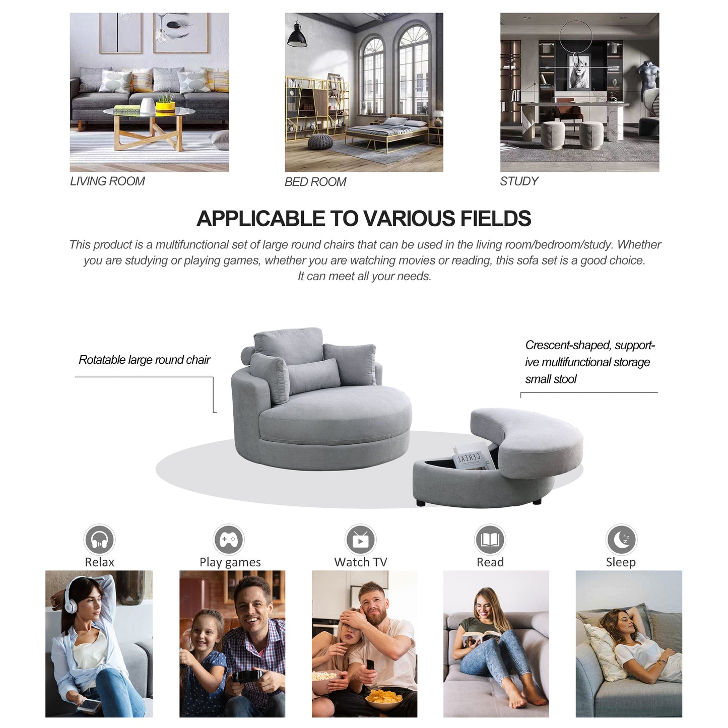 Swivel Accent Barrel Modern Grey Sofa Lounge Club Big Round Chair with Storage Ottoman Linen Fabric for Living Room Hotel with Pillows