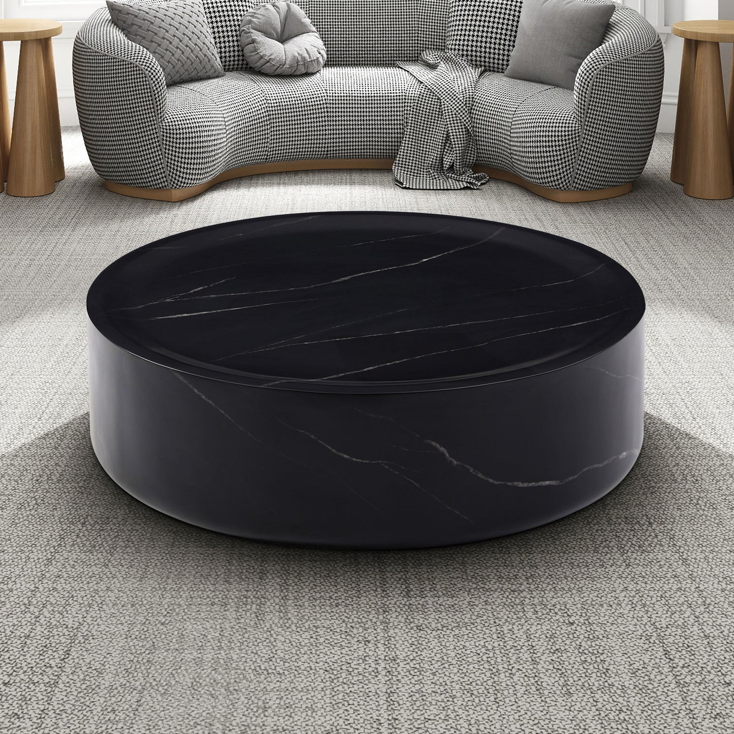 31.49'' Round coffee table,Sturdy Fiberglass table for Living Room, No Need Assembly,BLACK