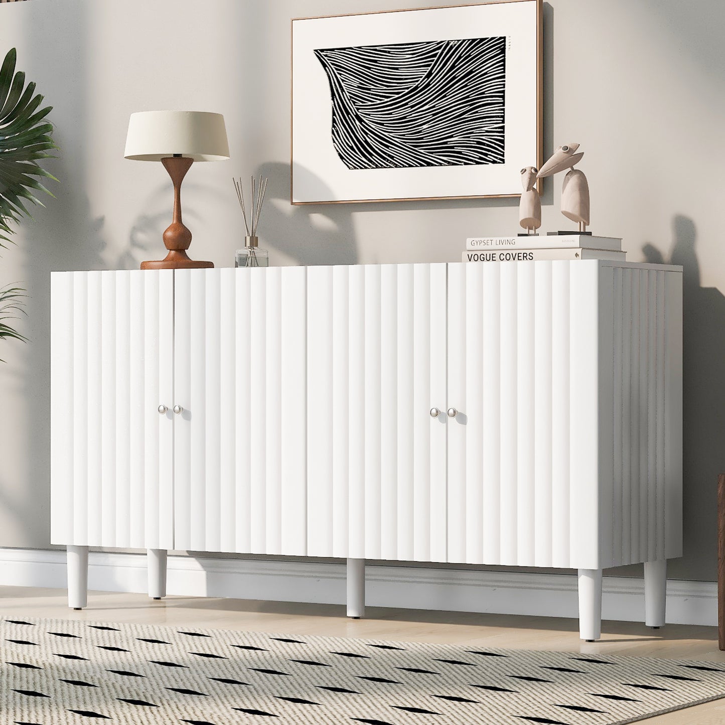 Elegant Four-Door Sideboard with Wavy Pattern Doors, Cylindrical Legs, and Sleek Metal Handles, Adjustable, Suitable for Study, Entryway and Living Room