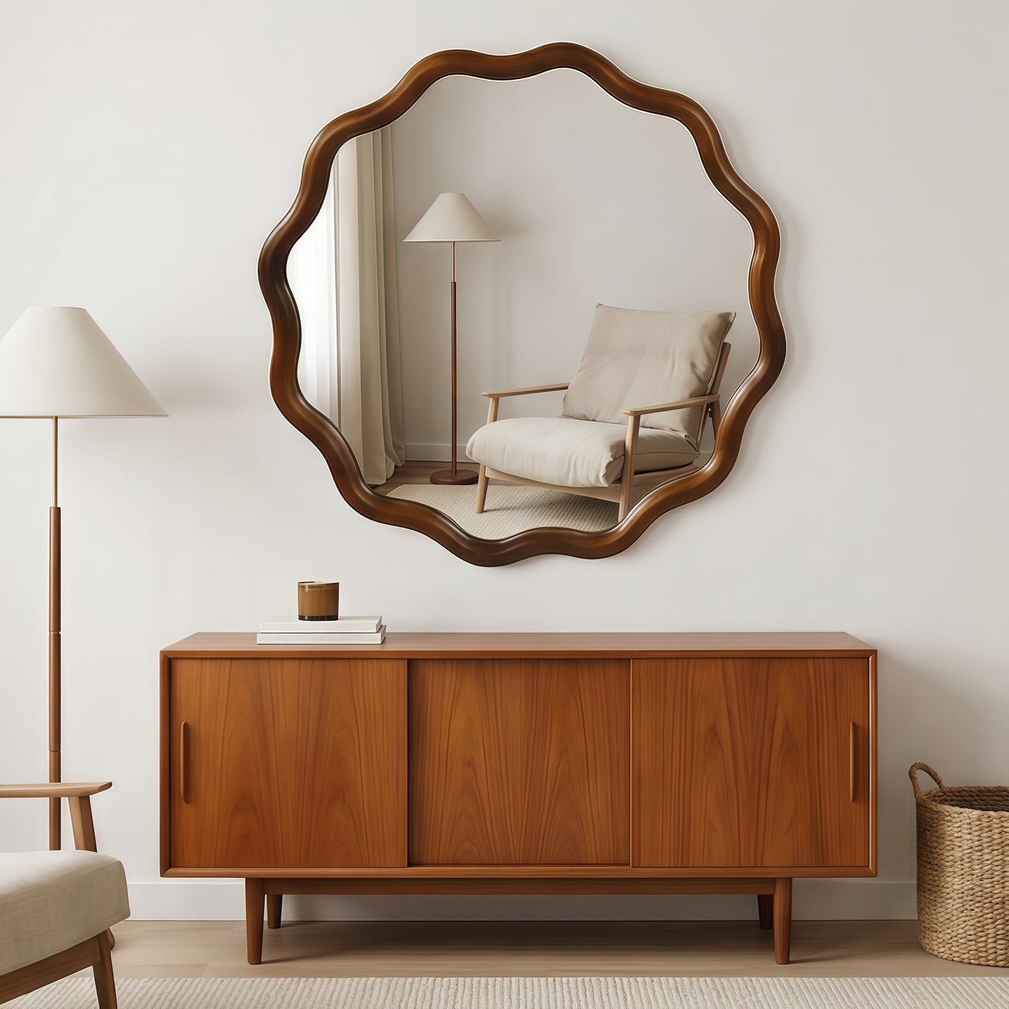 Black Walnut Wavy Round Solid Wood Wall Mirror, 24, 30 or 36 Inch