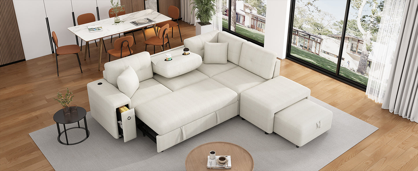 86.6" Sectional Sofa L-shaped Sofa Couch Pull-out Sofa Bed with a Movable Ottoman, Two USB Ports and Two Cup Holders for Living Room, Beige