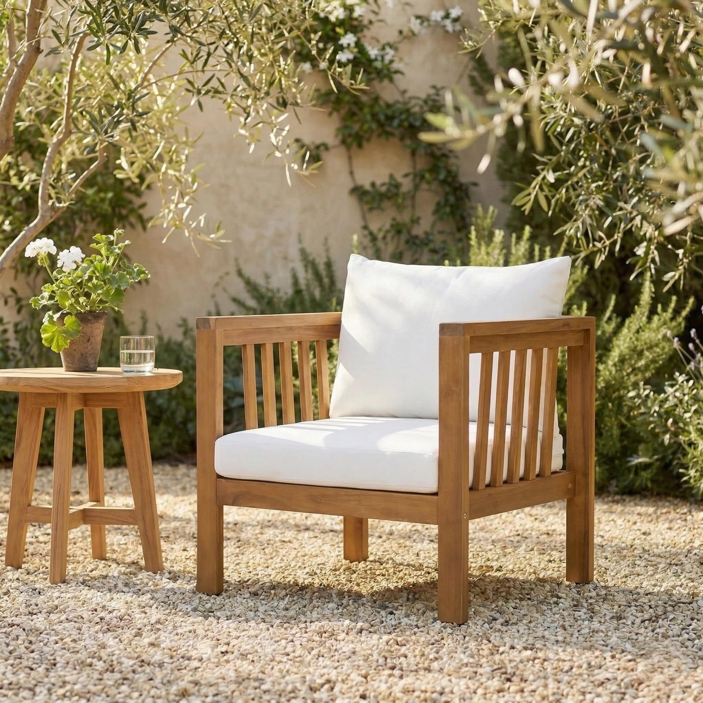 Outdoor Acacia Wood Club Chair with Modern Square Arms, Patio Chair with Thick Cushion, Adjustable Leveling