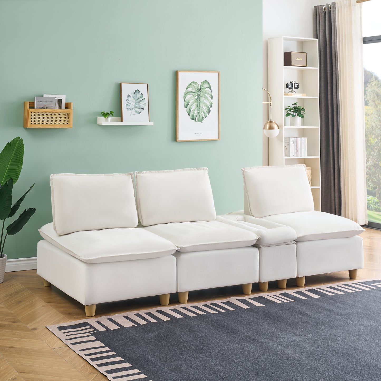 104-inch fashionable and minimalist straight-row three-seater off-white flannel sofa with a storage compartment, cup holders and an adjustable backrest, suitable for living rooms and balconies.