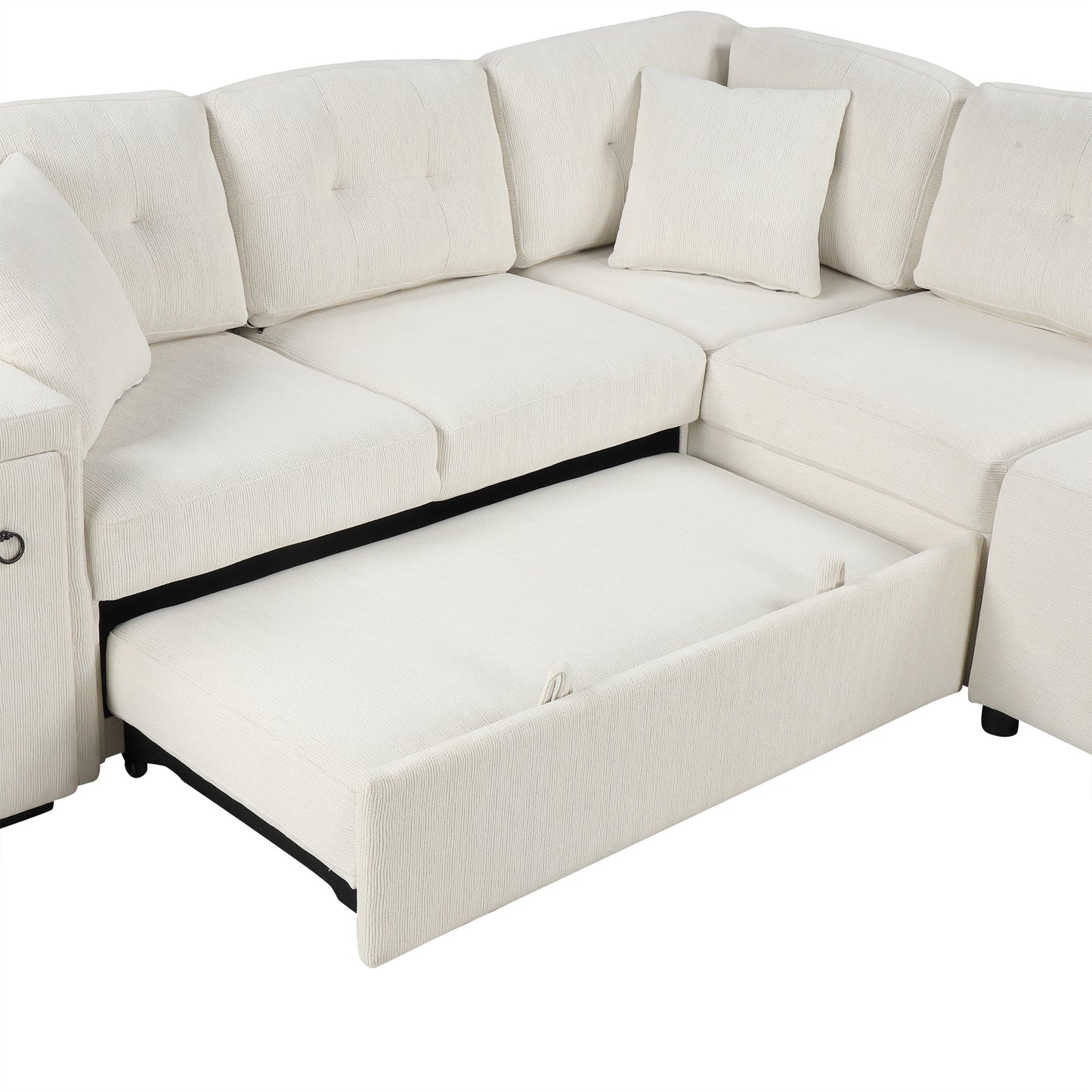 86.6" Sectional Sofa L-shaped Sofa Couch Pull-out Sofa Bed with a Movable Ottoman, Two USB Ports and Two Cup Holders for Living Room, Beige