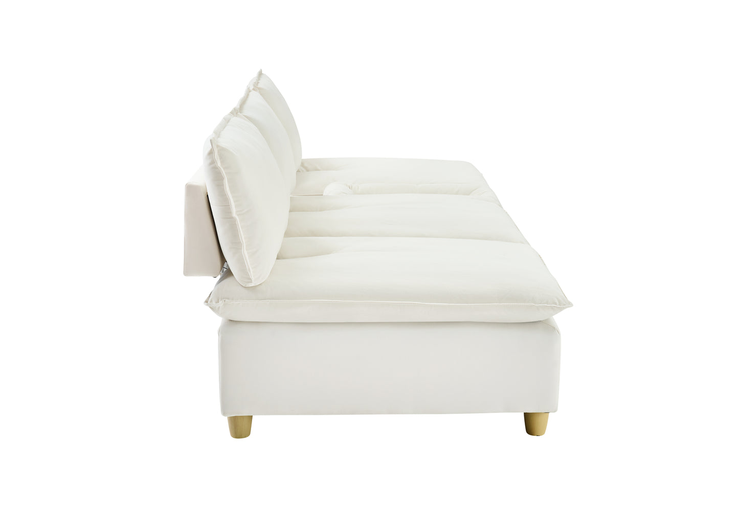 104-inch fashionable and minimalist straight-row three-seater off-white flannel sofa with a storage compartment, cup holders and an adjustable backrest, suitable for living rooms and balconies.