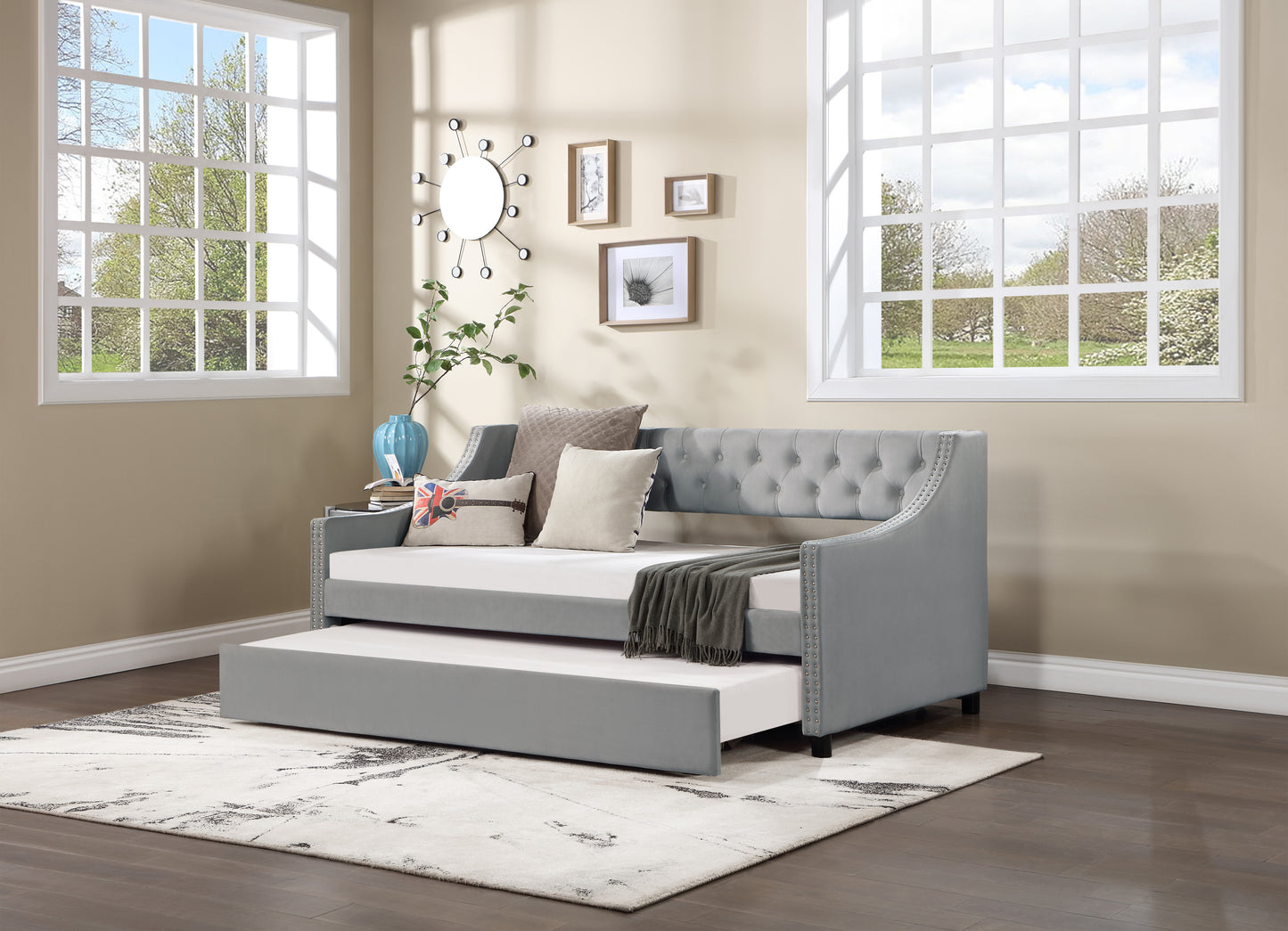 Daybed with Trundle Upholstered Tufted Sofa Bed, with Button and Copper Nail on Arms,full Size