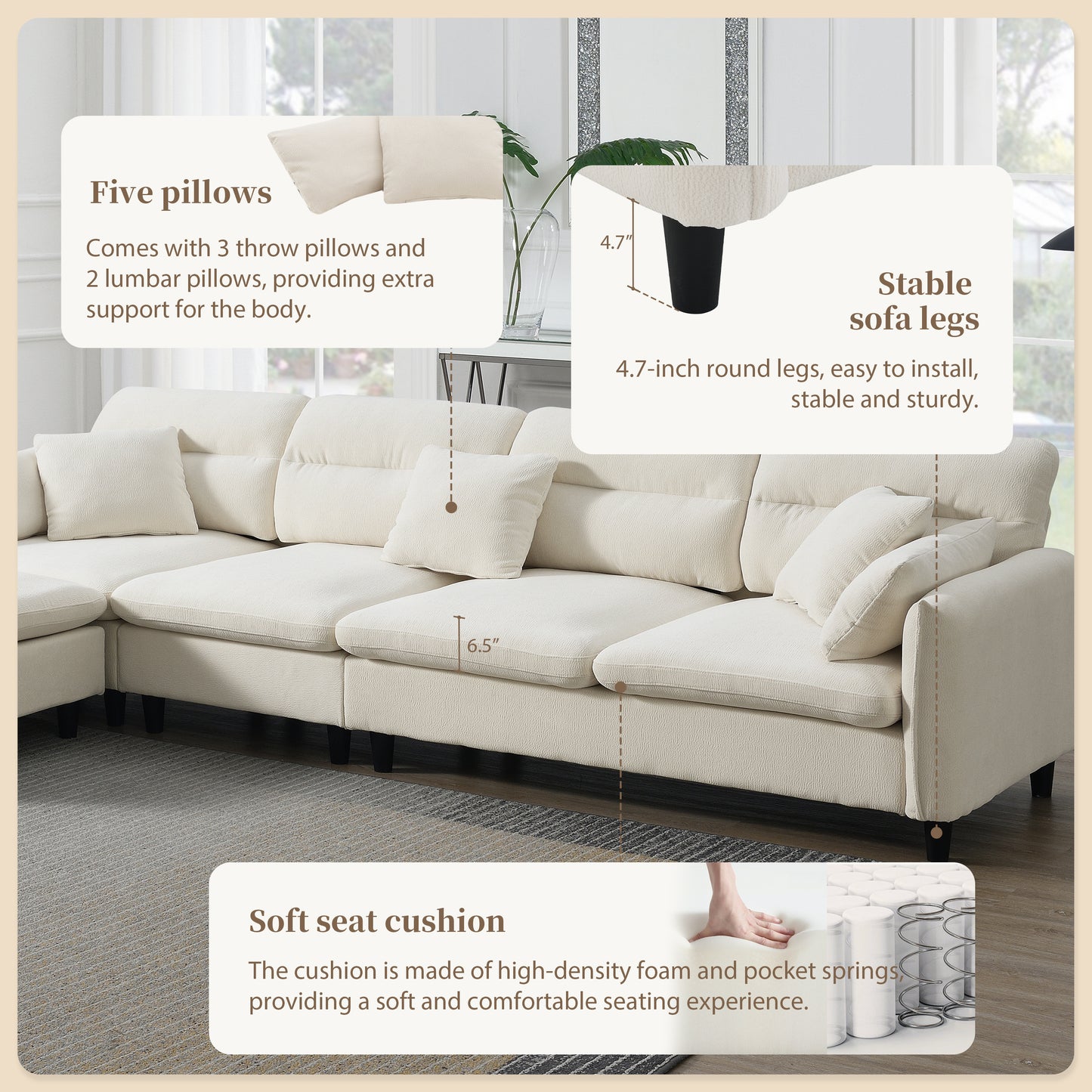 110*62" Modern Convertible Sectional Sofa,L-shaped Reversible Couch Set with Free Pillows,5 Seat Cloud Chenille Indoor Furniture with Ottoman for Living Room,Apartment,3 Colors