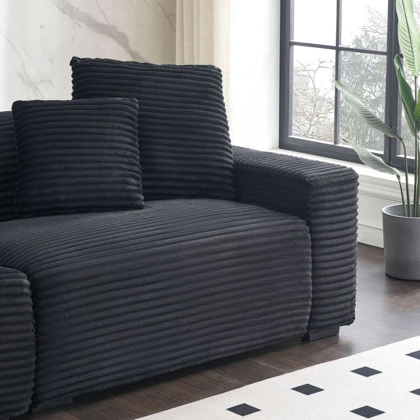 104.72-inch 4-seat large sofa with 4 throw pillows, living room sofa in black corduroy fabric comfort