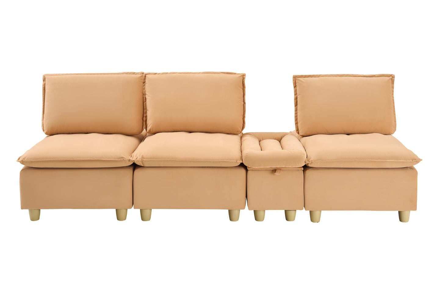 104-inch fashionable and minimalist straight-row three-seater pumpkin-colored flannel sofa with a storage compartment, cup holders and an adjustable backrest is suitable for living rooms and balconies