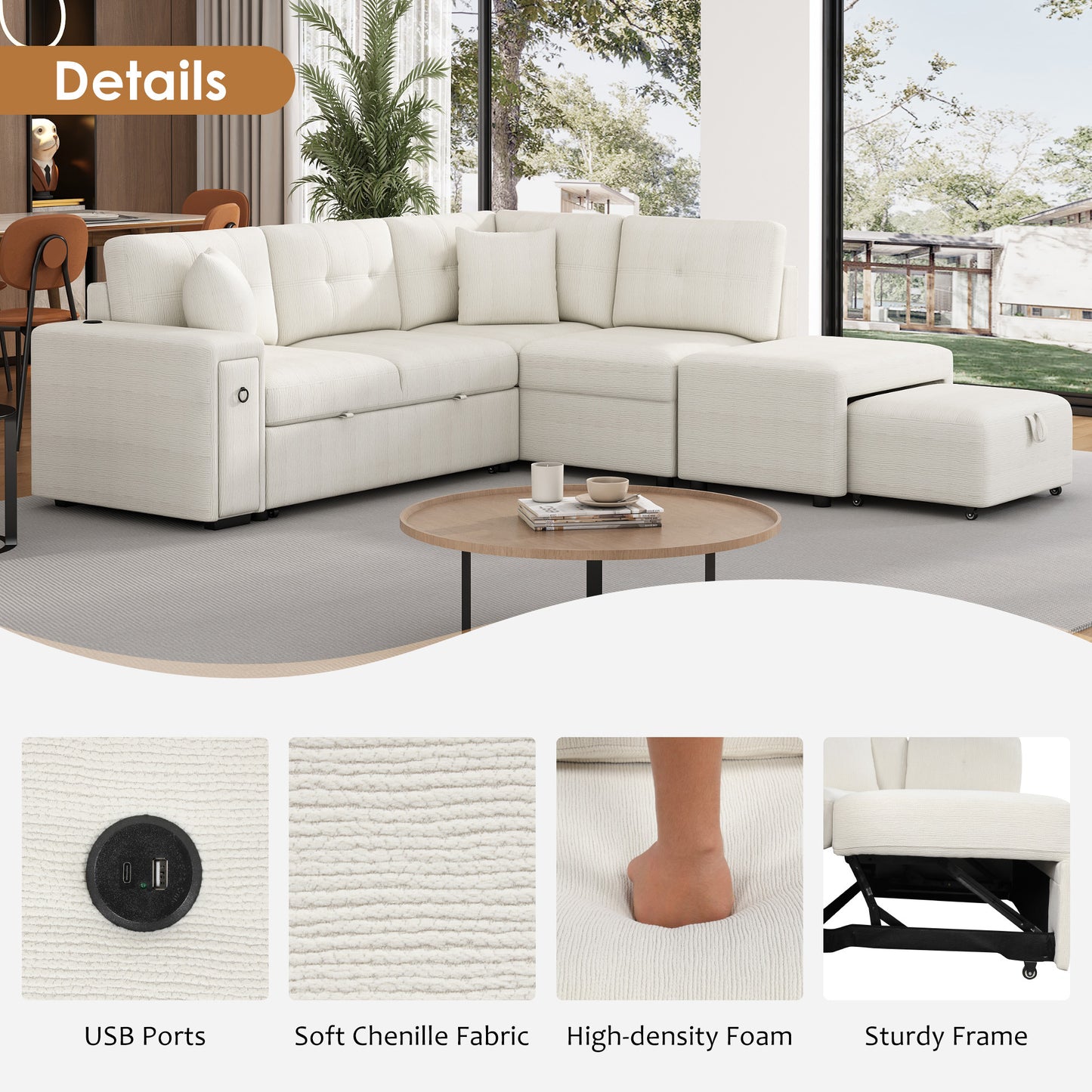 86.6" Sectional Sofa L-shaped Sofa Couch Pull-out Sofa Bed with a Movable Ottoman, Two USB Ports and Two Cup Holders for Living Room, Beige