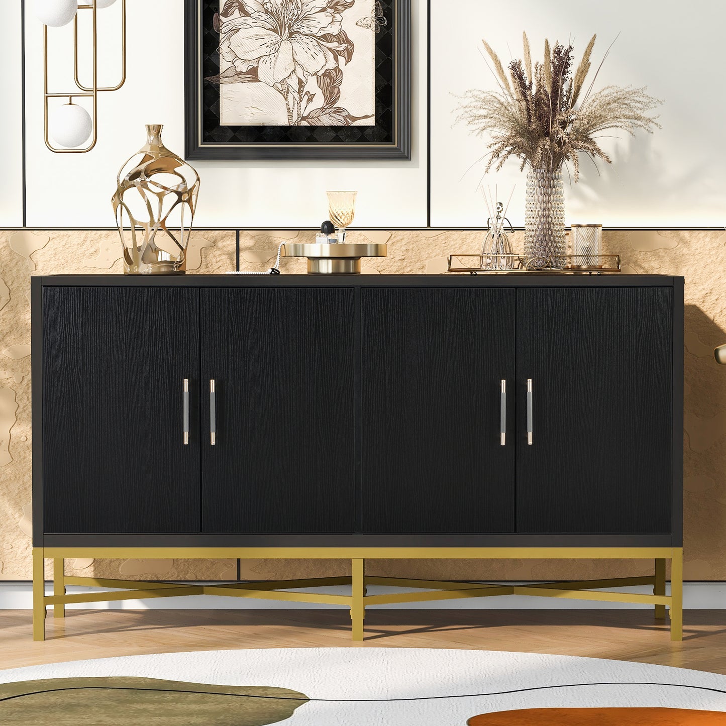 Distinctive Features of Four-Door Sideboard with Metal and Cross-Leg Design,Suitable for Living Rooms,Entrance and Study