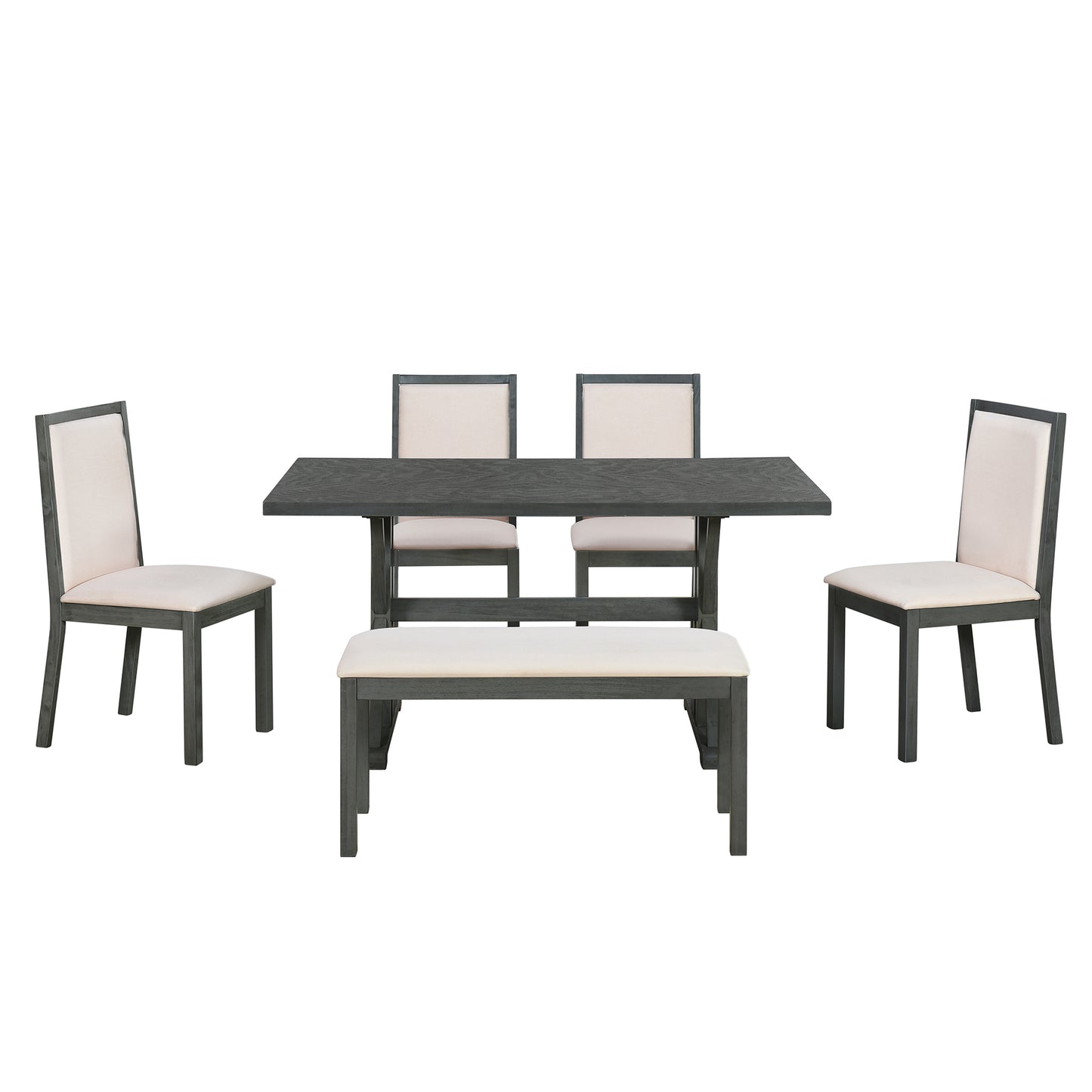 Farmhouse Classical 6-Piece Dining Table Set with Trestle Legs,Kitchen Table Set for 6 with 4 Upholstered Dining Chairs and Bench, Grey