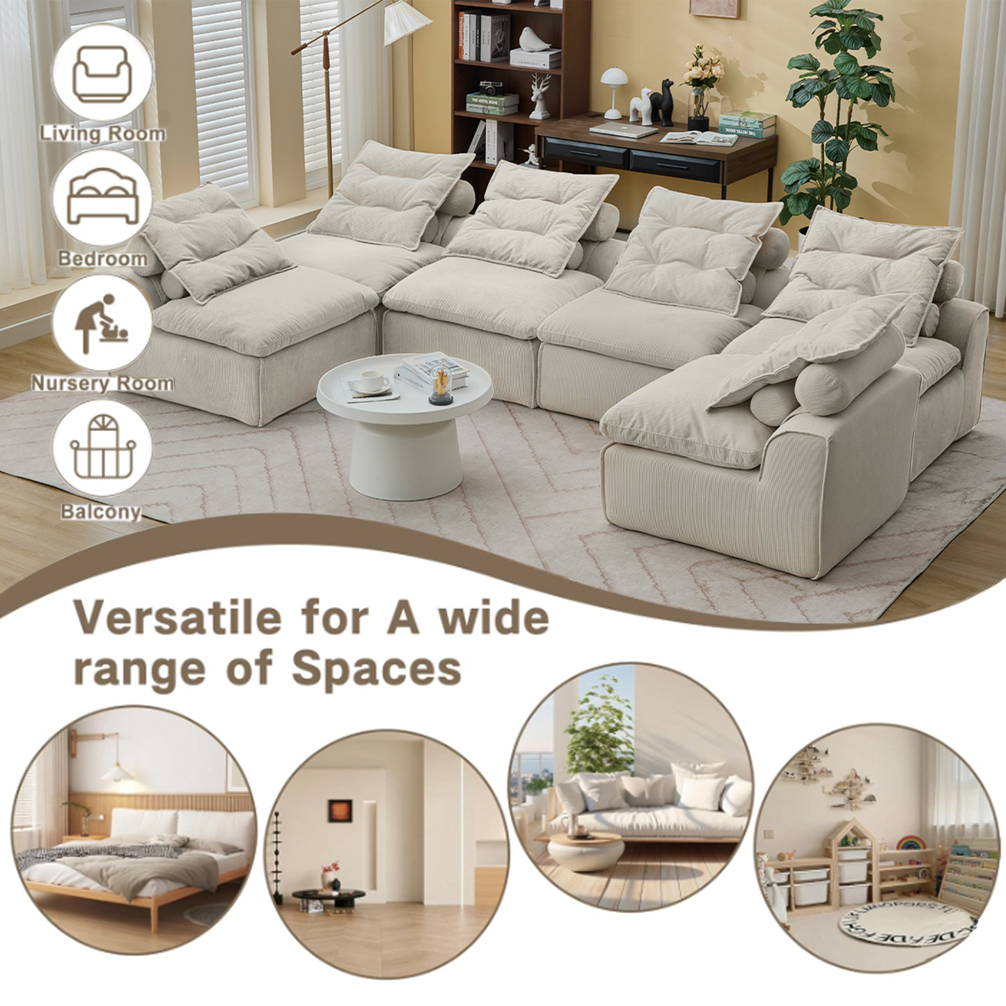 Modular Sofa,No Armrests,At will DIY,Corduroy ,Neck Pillow-Back Lounge Sofa Chair,Reading Nook, or Apartment Living, Lumbar Pillow,6 Seats,Upholstered,Beige