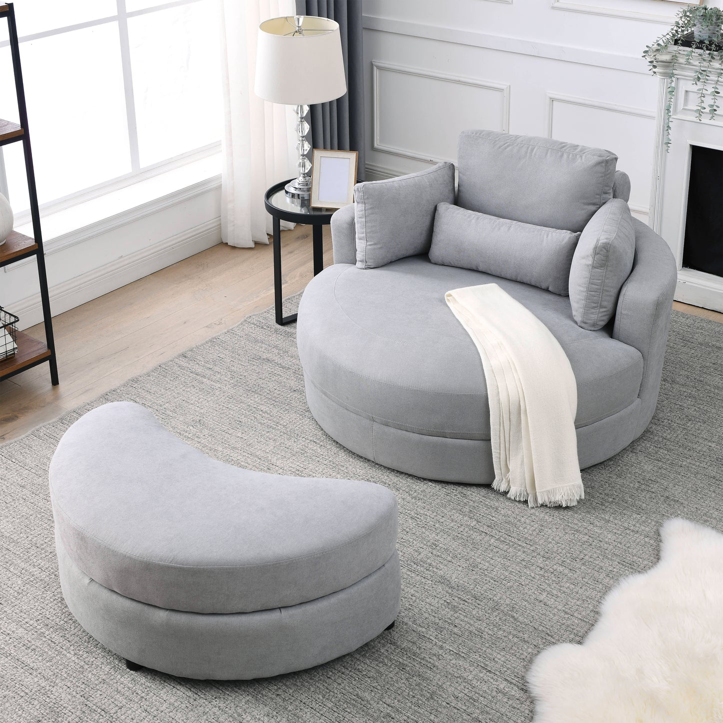Swivel Accent Barrel Modern Grey Sofa Lounge Club Big Round Chair with Storage Ottoman Linen Fabric for Living Room Hotel with Pillows