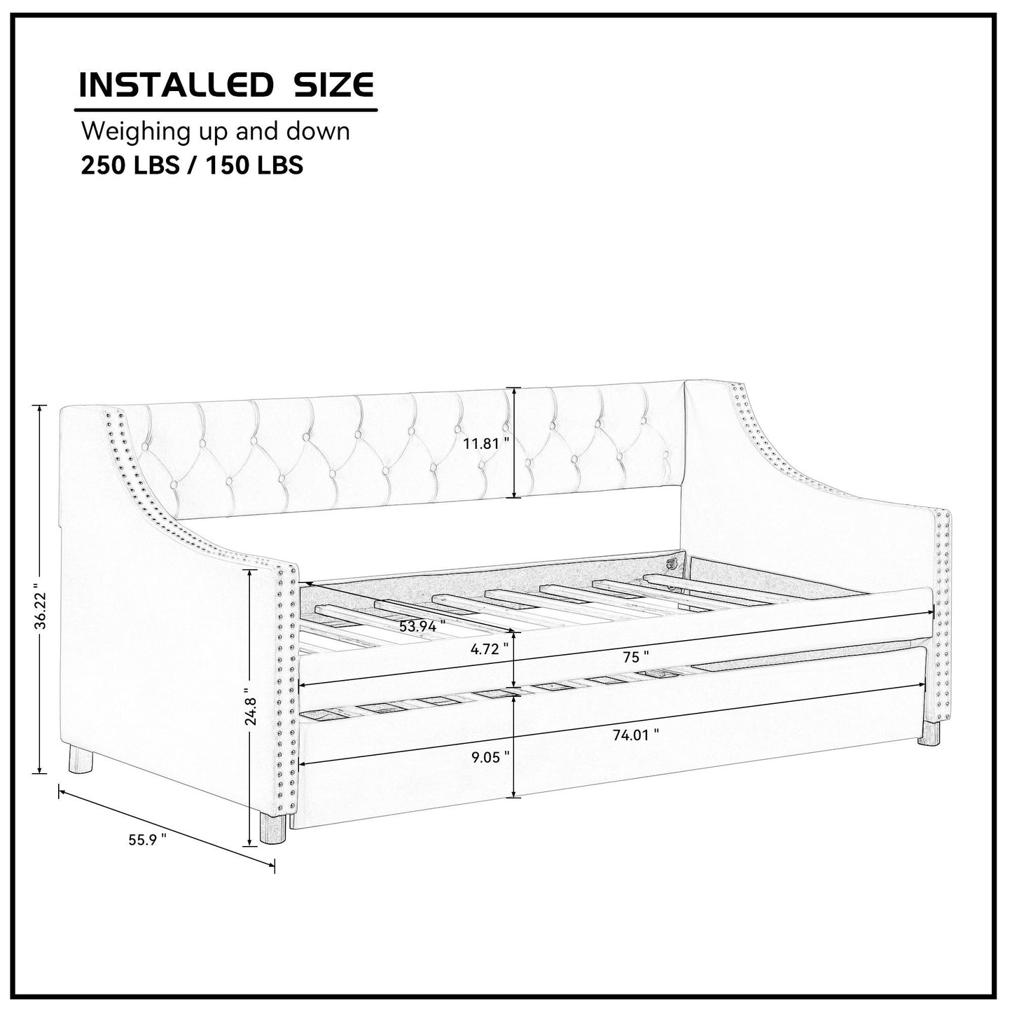 Daybed with Trundle Upholstered Tufted Sofa Bed, with Button and Copper Nail on Arms,full Size