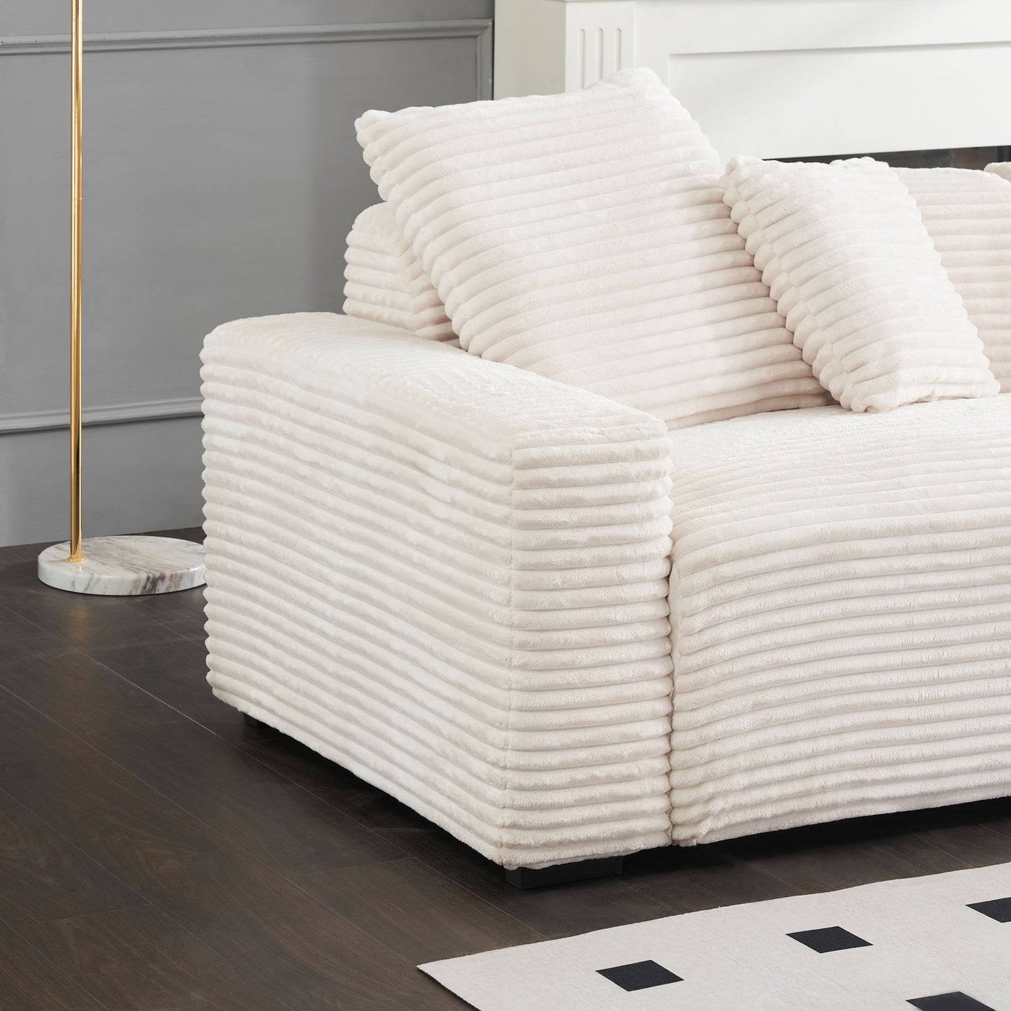 104.72-inch 4-seat large sofa with 4 throw pillows, living room sofa beige corduroy fabric