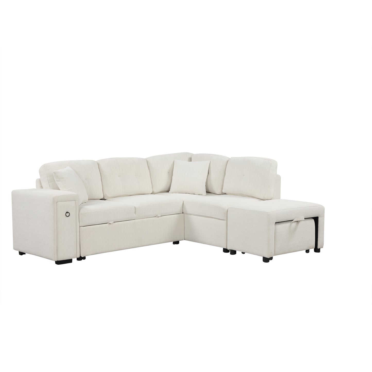 86.6" Sectional Sofa L-shaped Sofa Couch Pull-out Sofa Bed with a Movable Ottoman, Two USB Ports and Two Cup Holders for Living Room, Beige