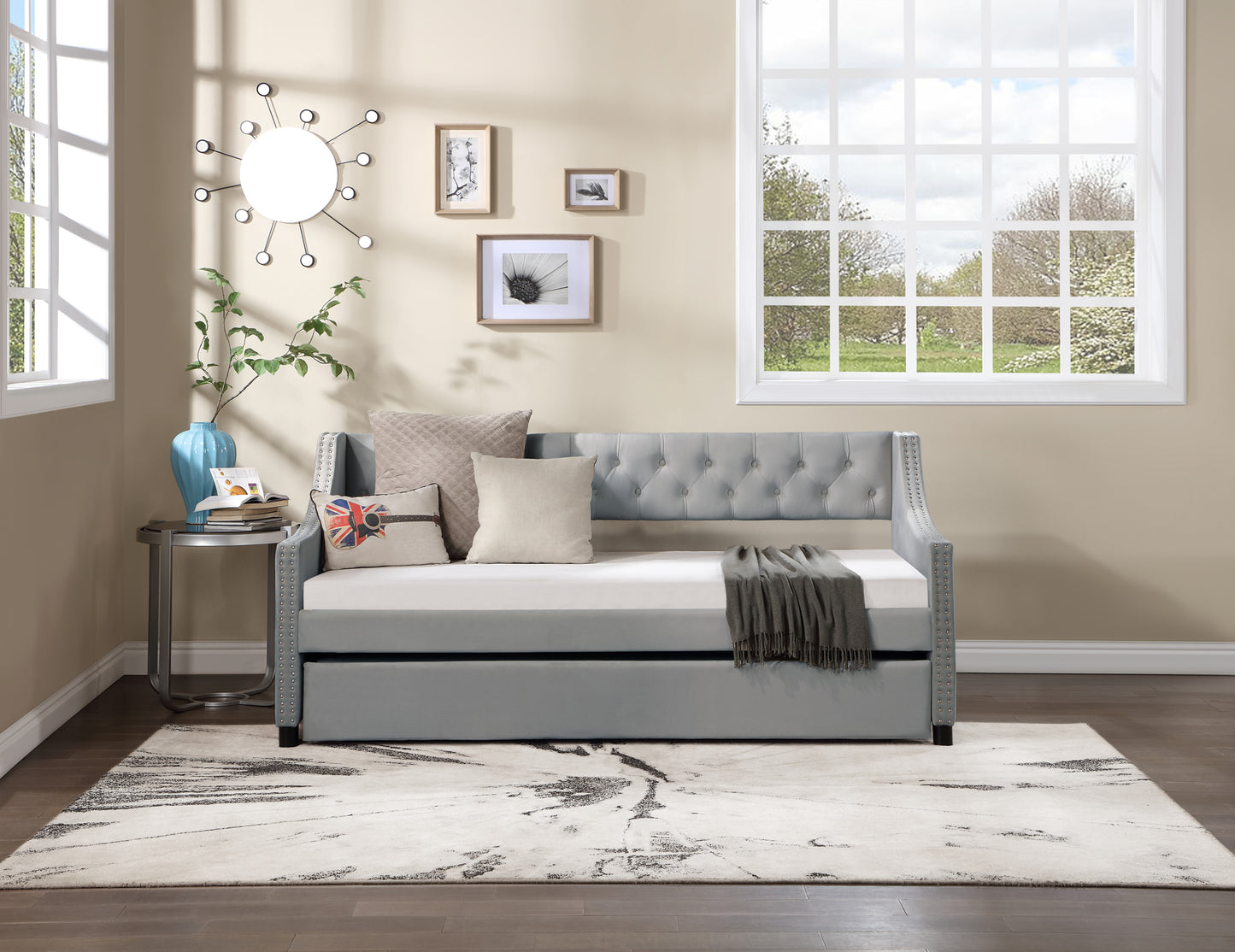 Daybed with Trundle Upholstered Tufted Sofa Bed, with Button and Copper Nail on Arms,full Size