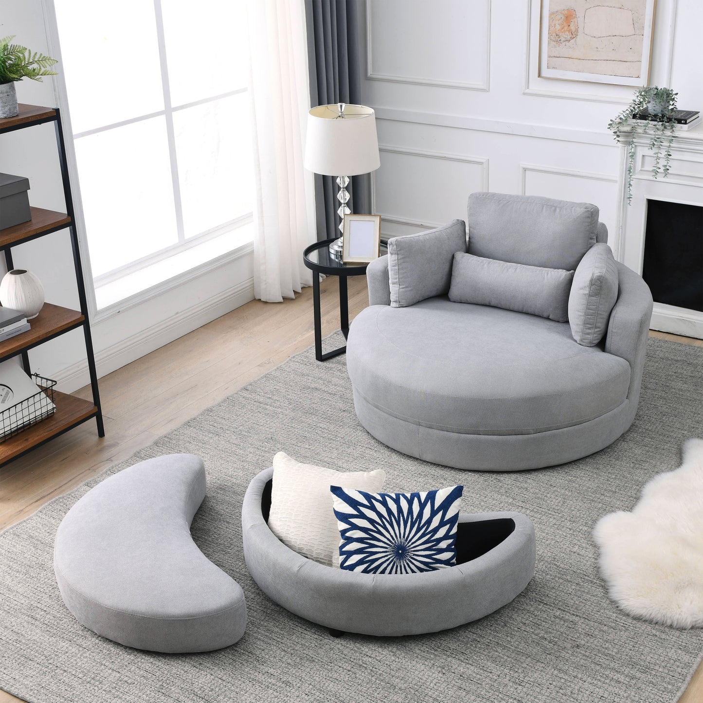 Swivel Accent Barrel Modern Grey Sofa Lounge Club Big Round Chair with Storage Ottoman Linen Fabric for Living Room Hotel with Pillows