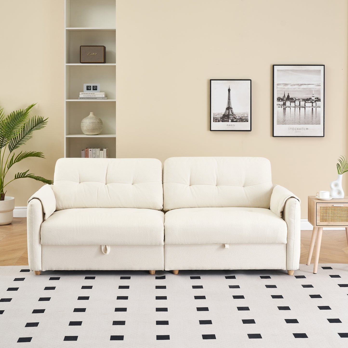 79.50 inches long, Teddy Cotton Linen Sofa Fabric, with metal conical long legs, metal strip matching, stylish and simple-Beige