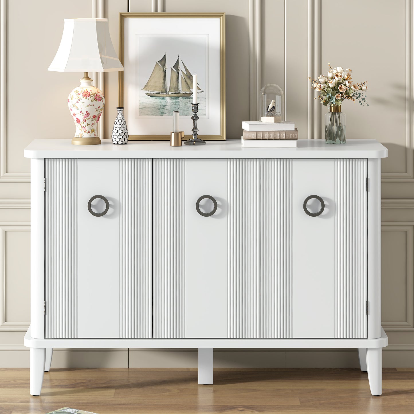 Simple and Atmospheric Solid Wood Veneer Fraxinus Mandschuric Cabinet with Three Acacia Solid Doors,Adjustable, Suitable for Study, Corridors,and Entrances.