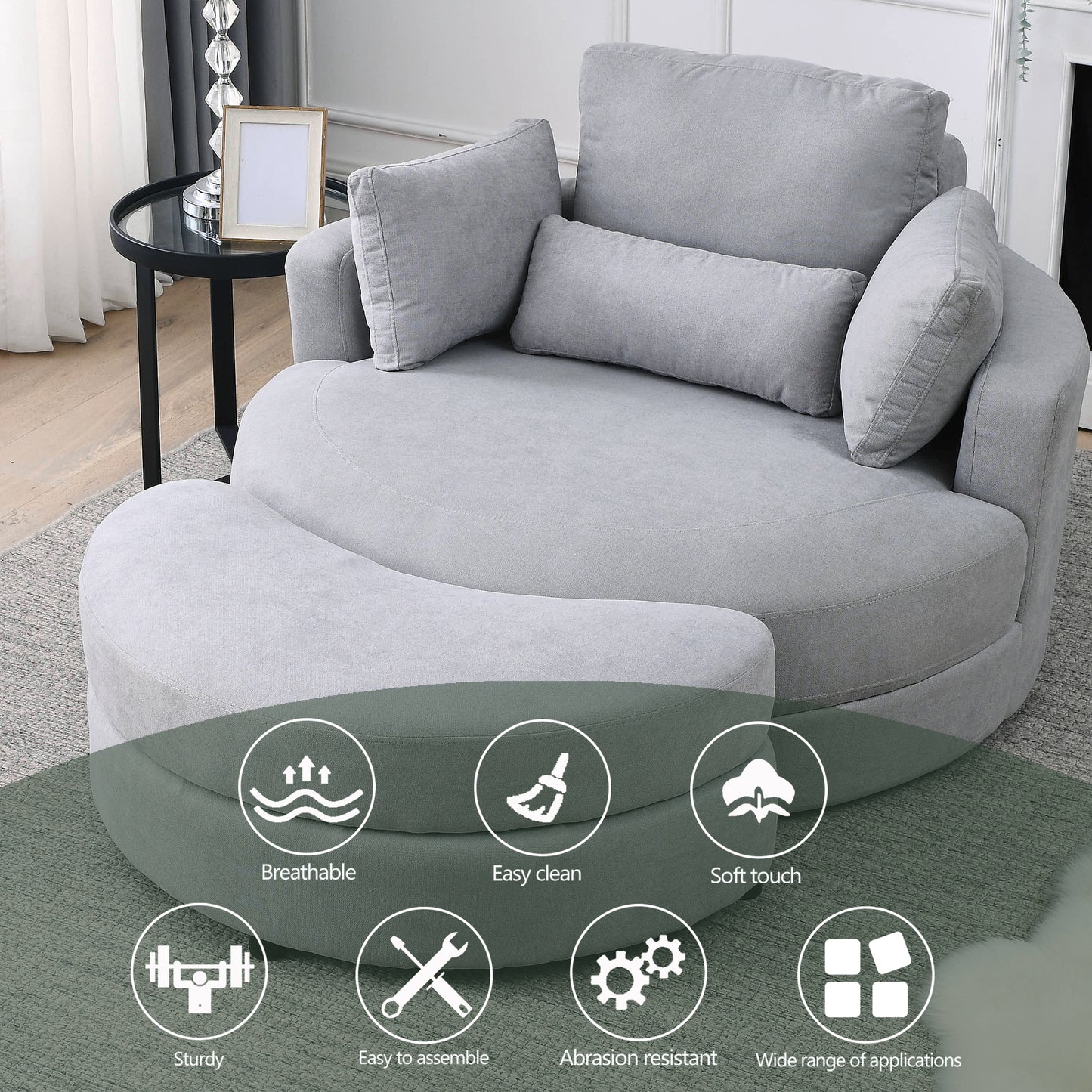 Swivel Accent Barrel Modern Grey Sofa Lounge Club Big Round Chair with Storage Ottoman Linen Fabric for Living Room Hotel with Pillows