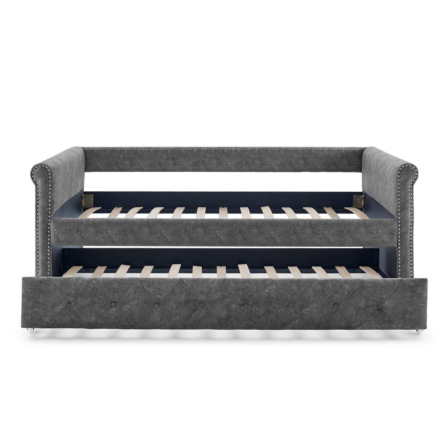 Daybed with Trundle Upholstered Tufted Sofa Bed,with Button and Copper Nail on Arms,both Twin Size,Grey(85.5"x42"x30.5")