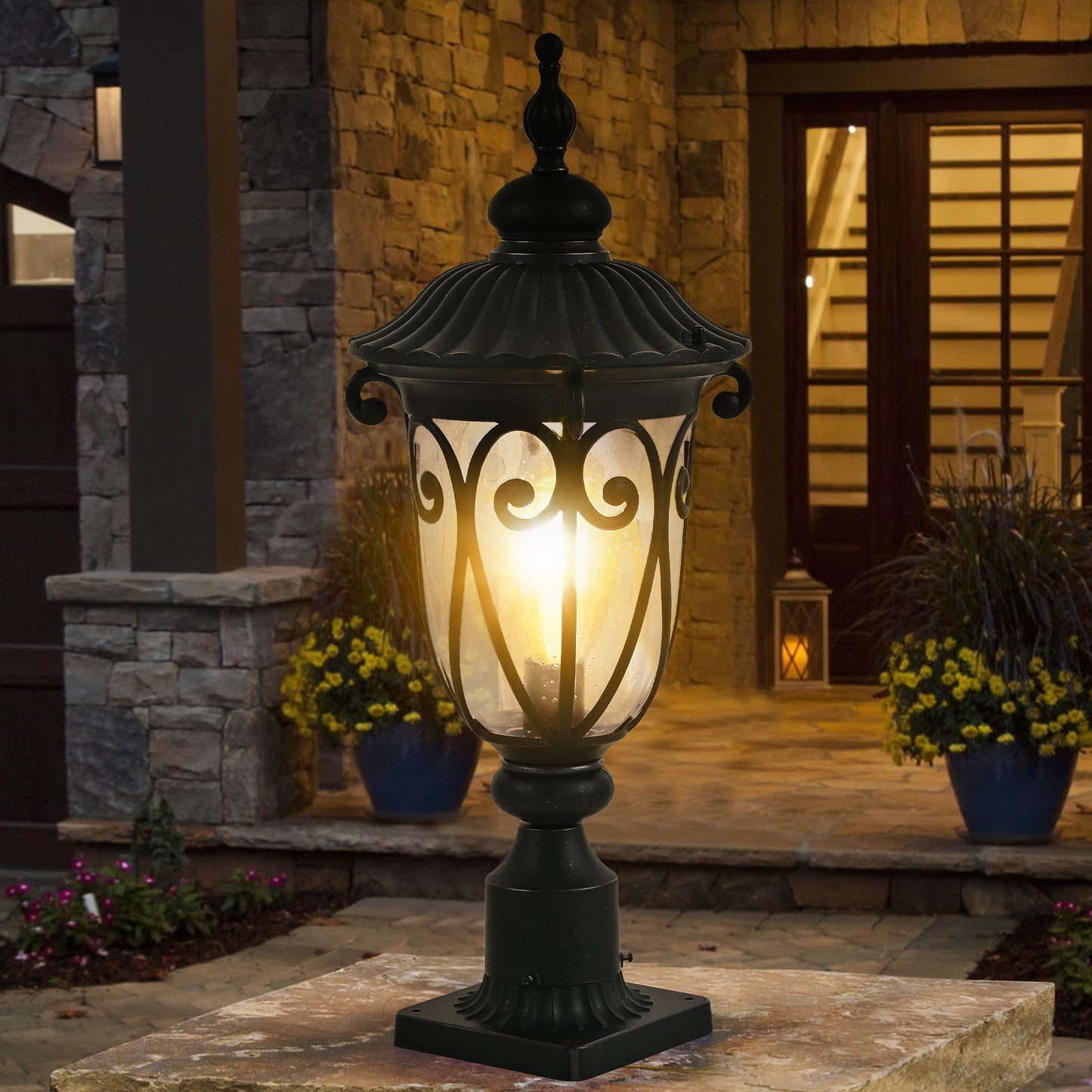 1-pack Vintage Black Outdoor Post Lantern - Waterproof Aluminum Lamp Post Light with Bubble Glass, Decorative Garden Pathway Lighting for Yard, Patio, or Driveway (Bulb Not Included)