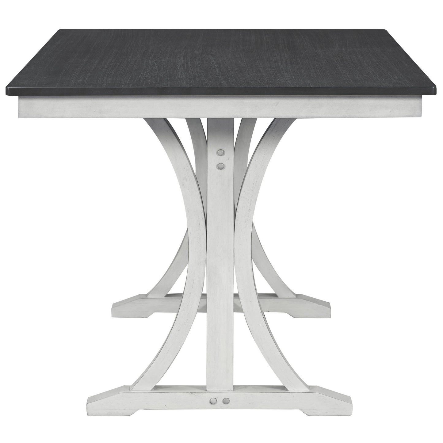 Mid-Century 6-Piece Trestle Table Set with Victorian Round Upholstered Dining Chairs and Long Bench, Gray+Antique White