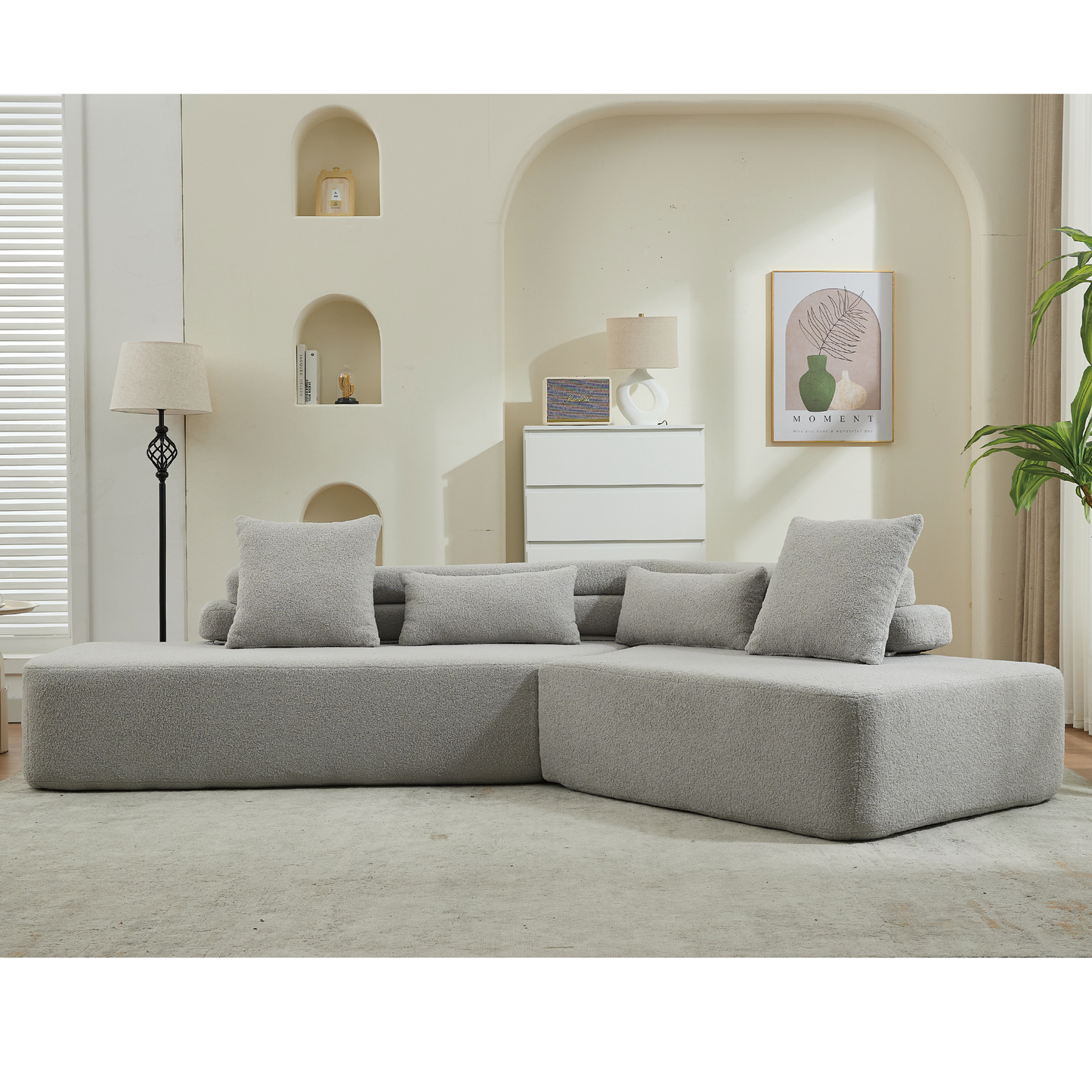 128"Minimalist Cloud Sectional Couch ,Modern Couches ,4-Seater ,No Assembly,Two modular sofa,Boucle Teddy Fabric, upholstered , anti-wrinkle fabric,Light Gray