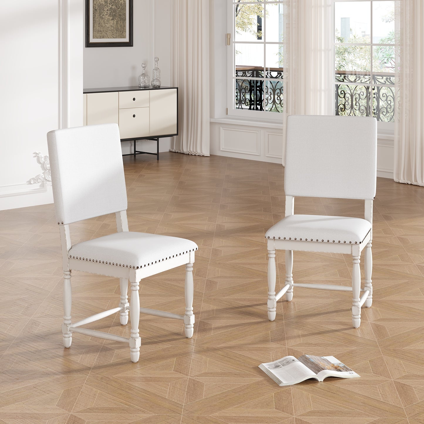 Vintage Traditional 2-Piece Upholstered Dining Chairs with Padded Backs, Cream
