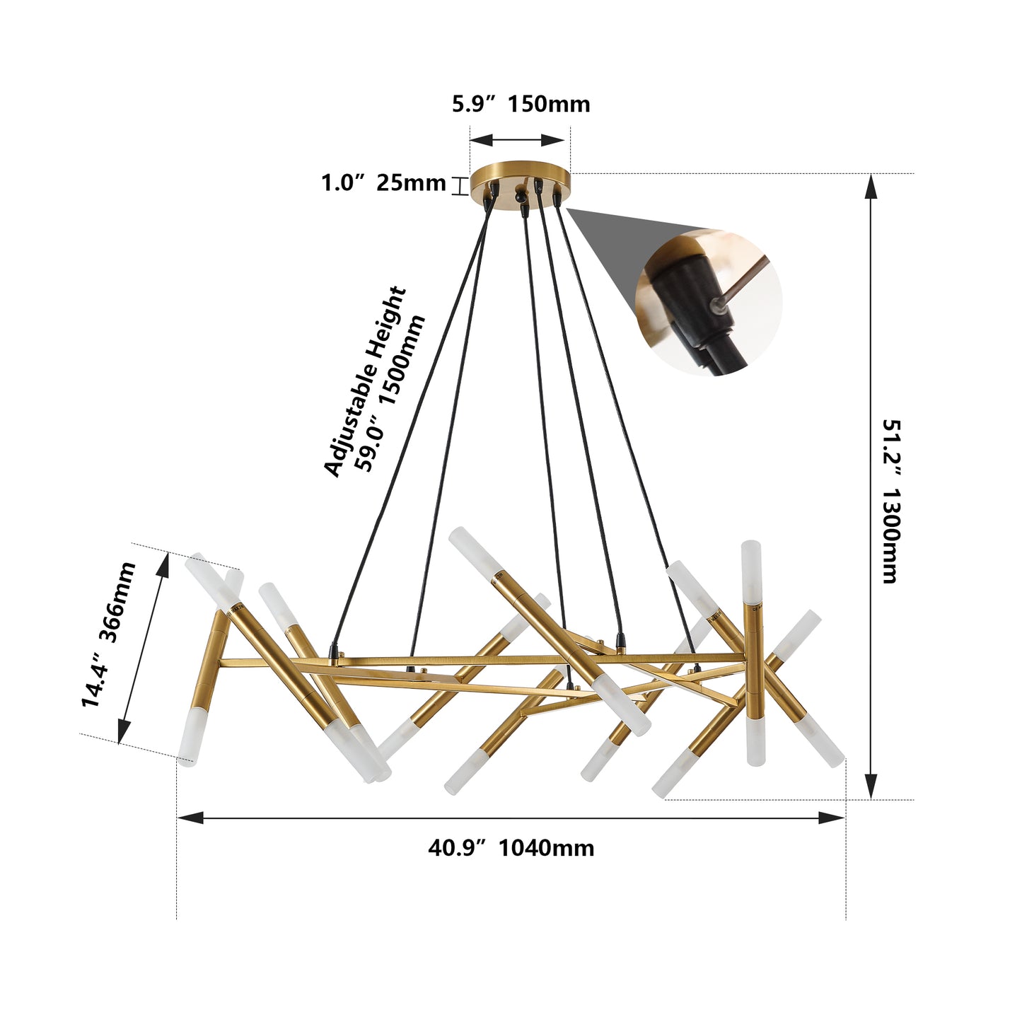 Golden Modern Chandelier Light Fixture, Branch Design with Frosted Tubes, Black Cords, Adjustable Height Pendant Light for Dining Room, Living Room, or Kitchen Island (Bulb Not Included)