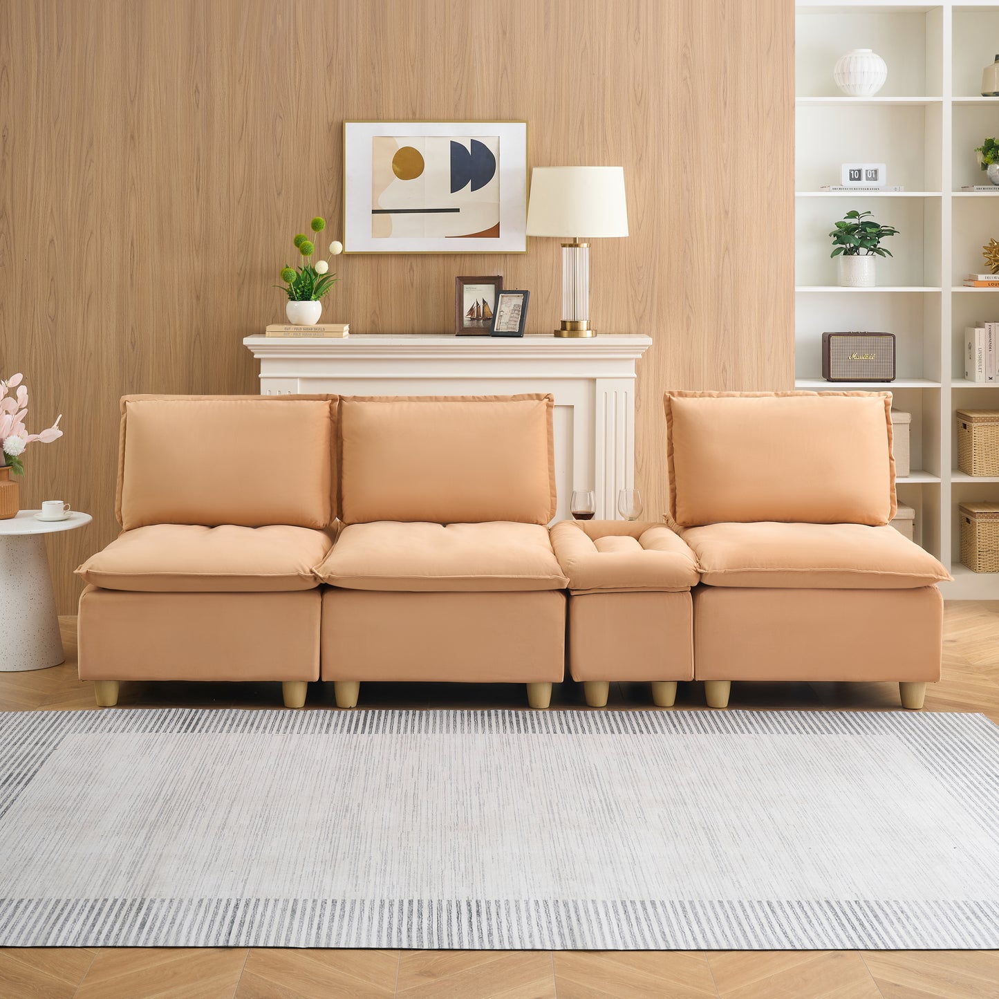 104-inch fashionable and minimalist straight-row three-seater pumpkin-colored flannel sofa with a storage compartment, cup holders and an adjustable backrest is suitable for living rooms and balconies