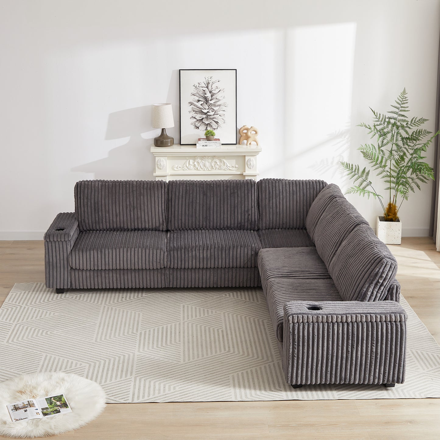 110-Inch Oversized Corduroy Corner Sofa,L Shaped Corner Couch with two storage spaces,USB port & T-pyce port and Cup-holder , Deep Seat Comfy Upholstered Couches for Living Room(Not freely combinable)