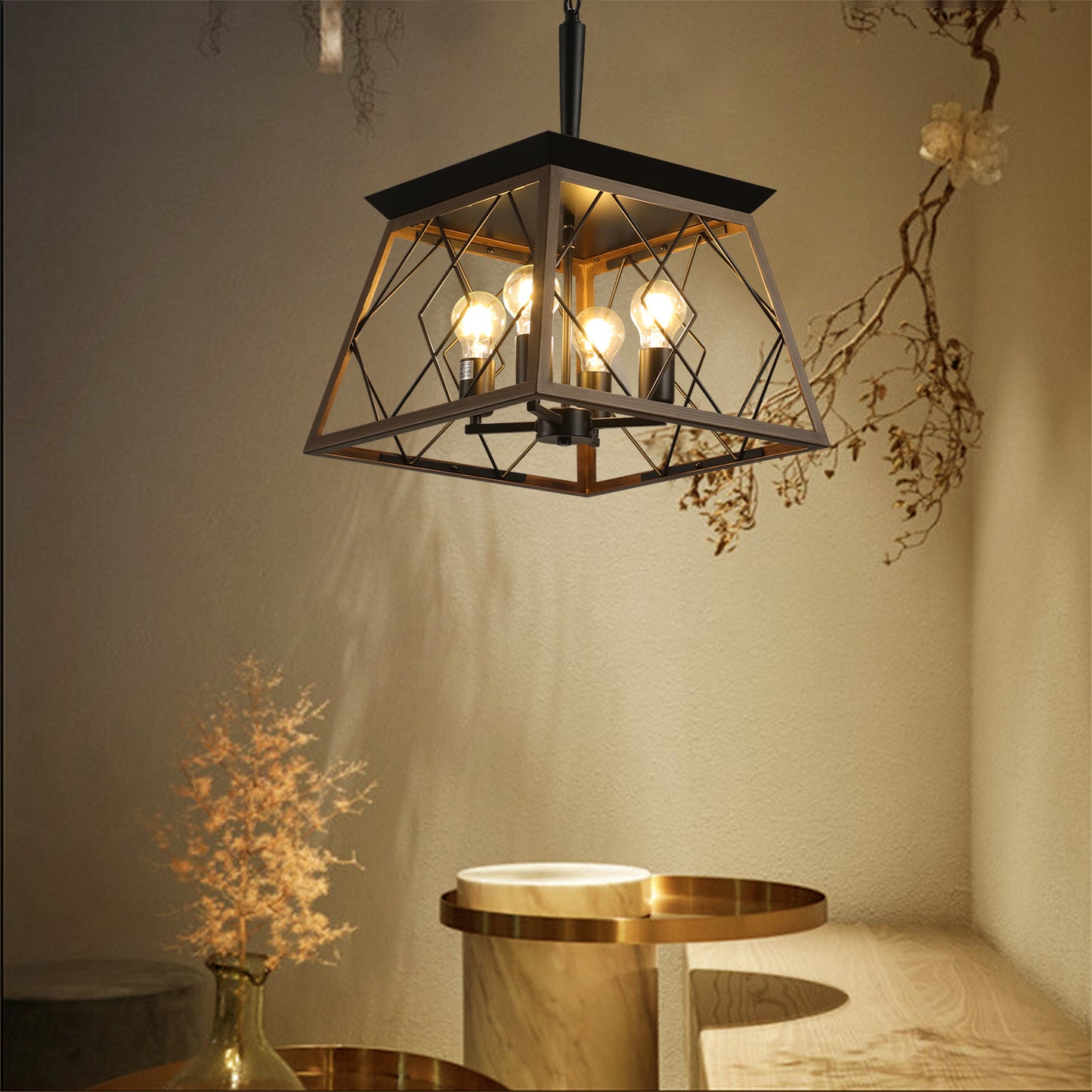 Farmhouse Chandelier 4-Light Vintage Antique Chandeliers Light Fixture For Kitchen Dining Room Living Room Walnut(No bulbs)