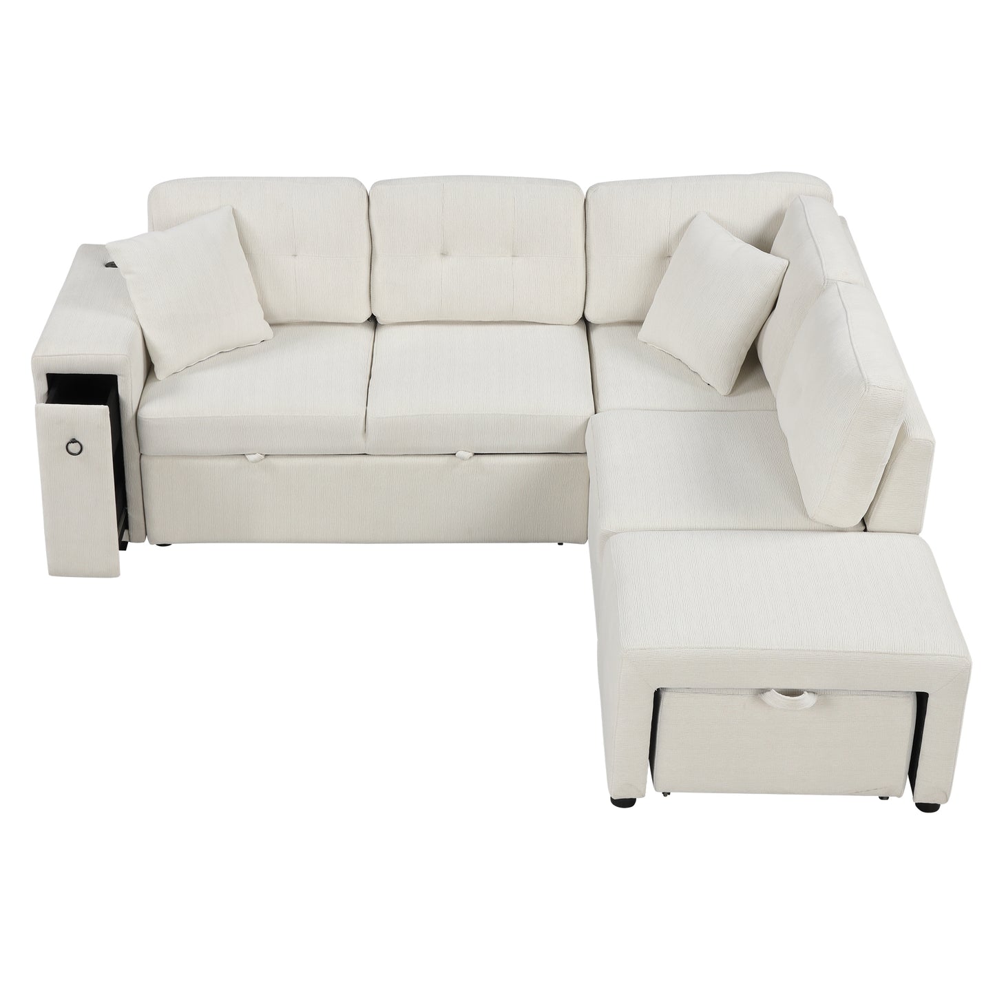 86.6" Sectional Sofa L-shaped Sofa Couch Pull-out Sofa Bed with a Movable Ottoman, Two USB Ports and Two Cup Holders for Living Room, Beige