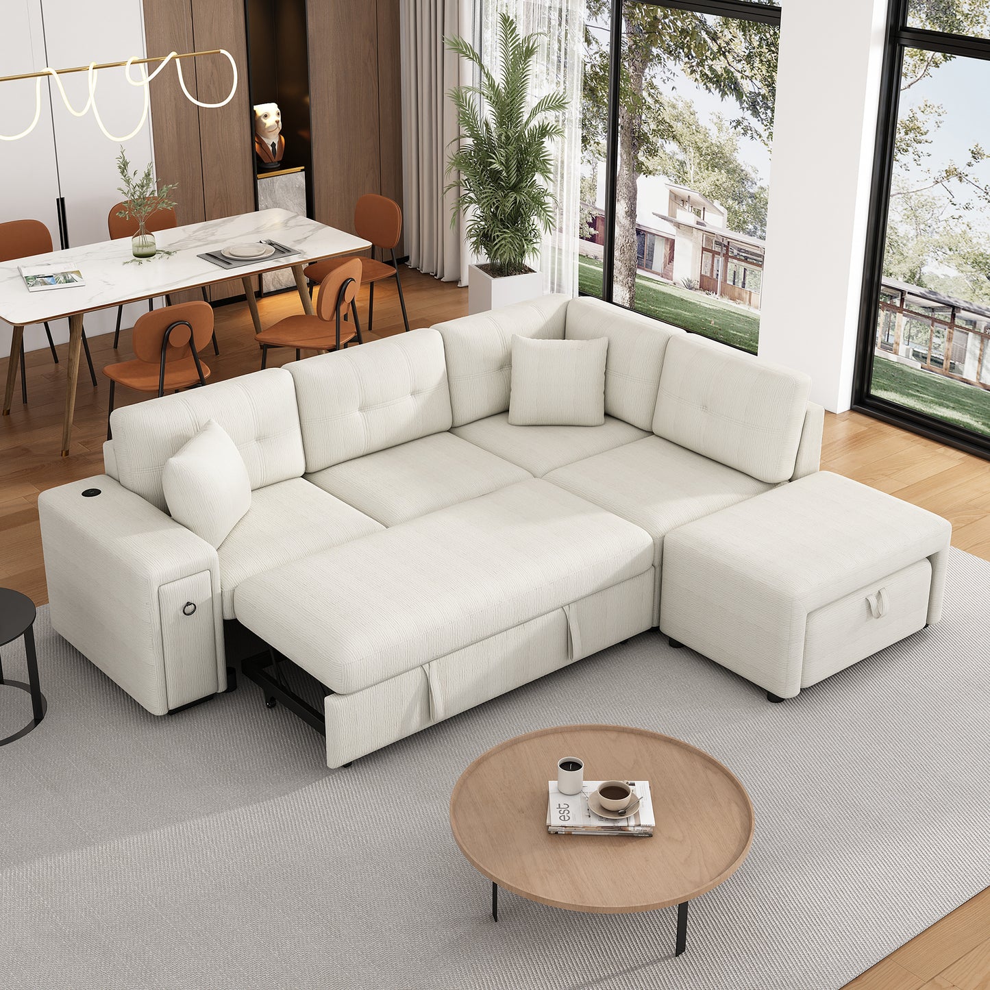 86.6" Sectional Sofa L-shaped Sofa Couch Pull-out Sofa Bed with a Movable Ottoman, Two USB Ports and Two Cup Holders for Living Room, Beige