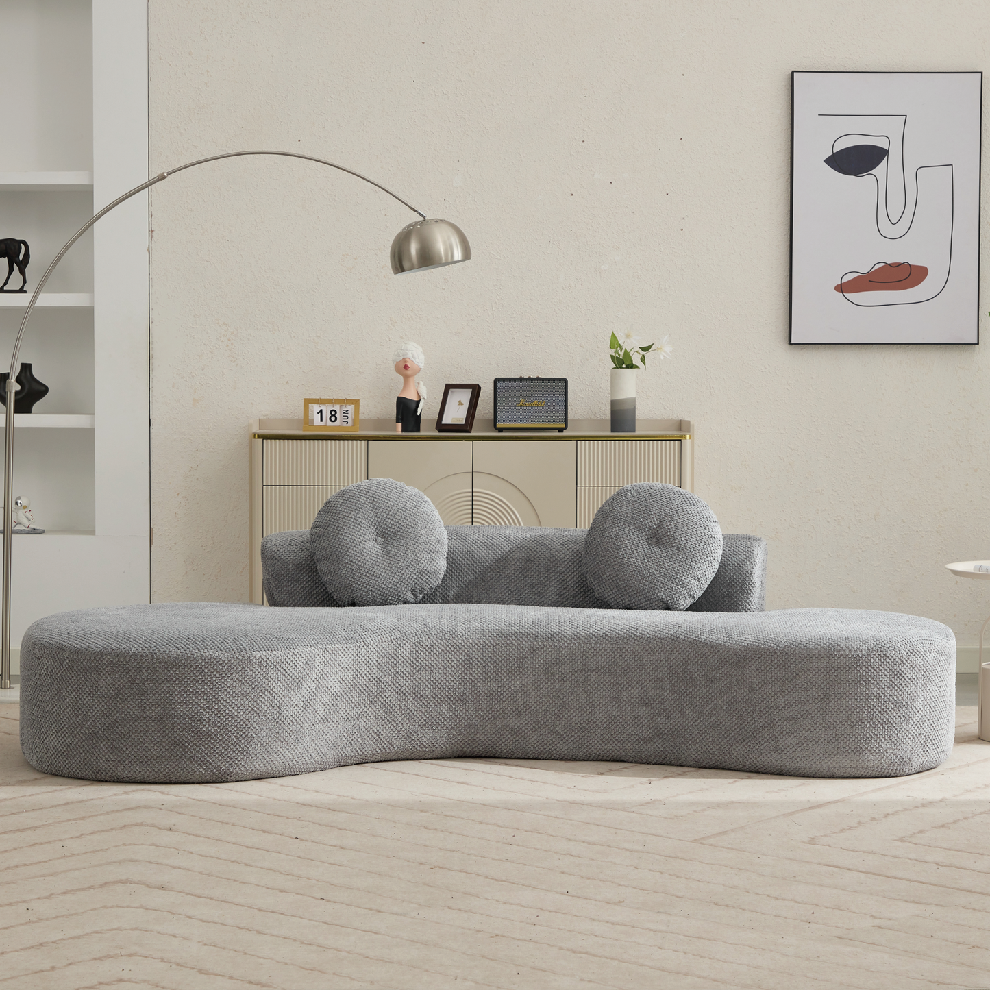 105.5''Curved Sofa, Modern Minimalist Sofa, Cloud Couch Sofa 3-4 Seater Couch with 2 Pillows,Bedroom, No Assembly Required, Point-shaped corduroy,(Anti-Wrinkle) , Gray