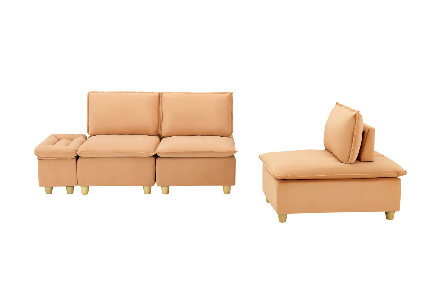104-inch fashionable and minimalist straight-row three-seater pumpkin-colored flannel sofa with a storage compartment, cup holders and an adjustable backrest is suitable for living rooms and balconies