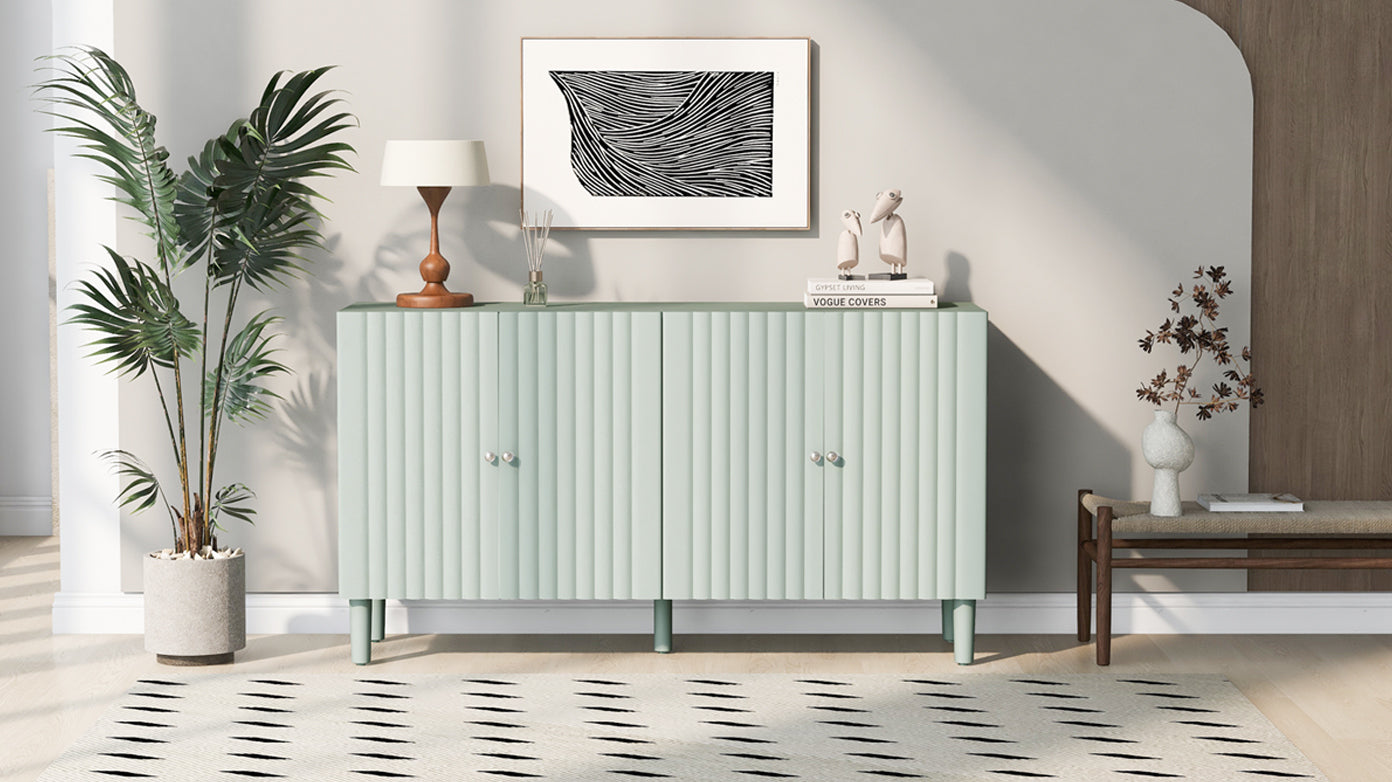 Elegant Four-Door Sideboard with Wavy Pattern Doors, Cylindrical Legs, and Sleek Metal Handles, Adjustable, Suitable for Study, Entryway and Living Room