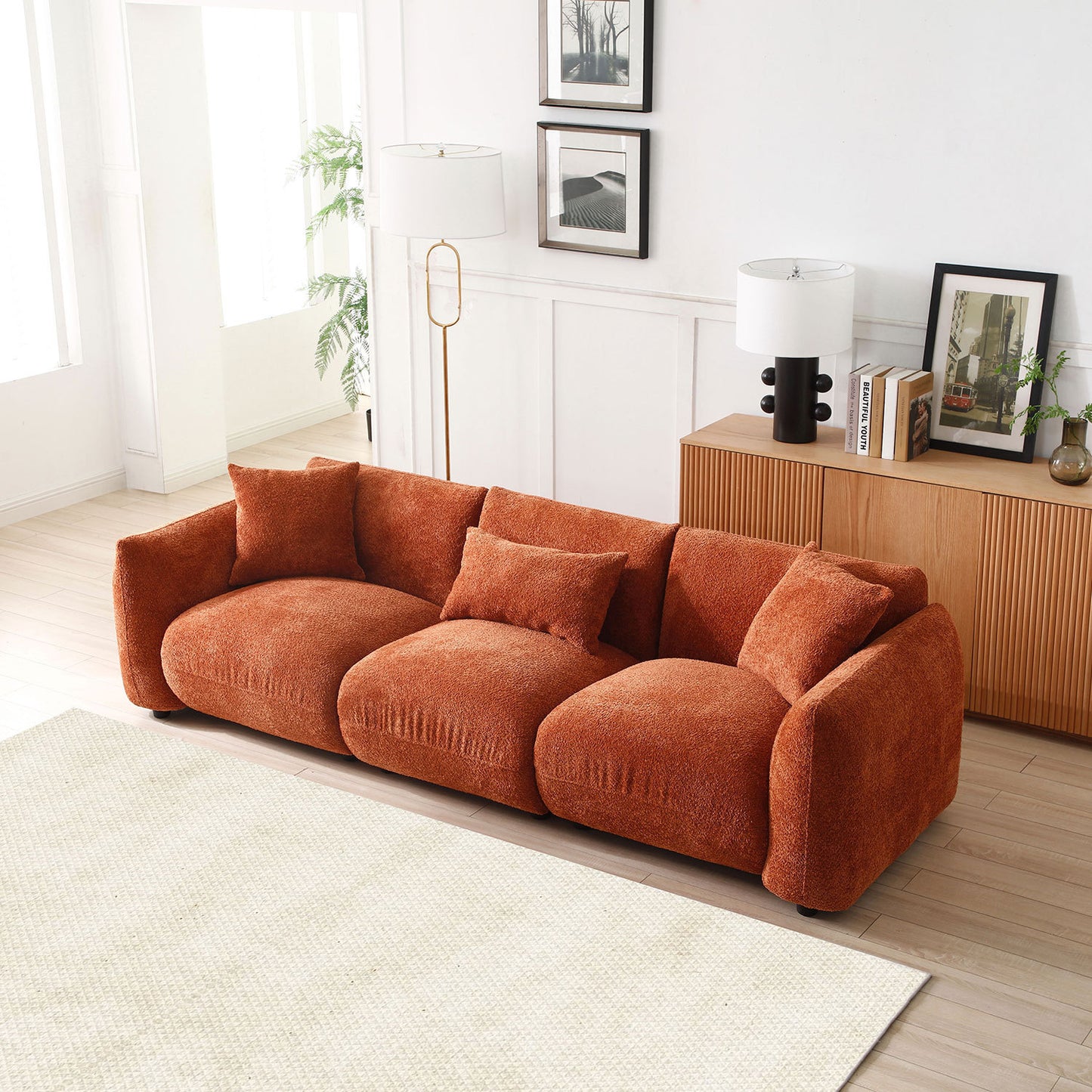 Mid Century Modern Couch 3-Seater Sofa for Living Room, Bedroom. Orange