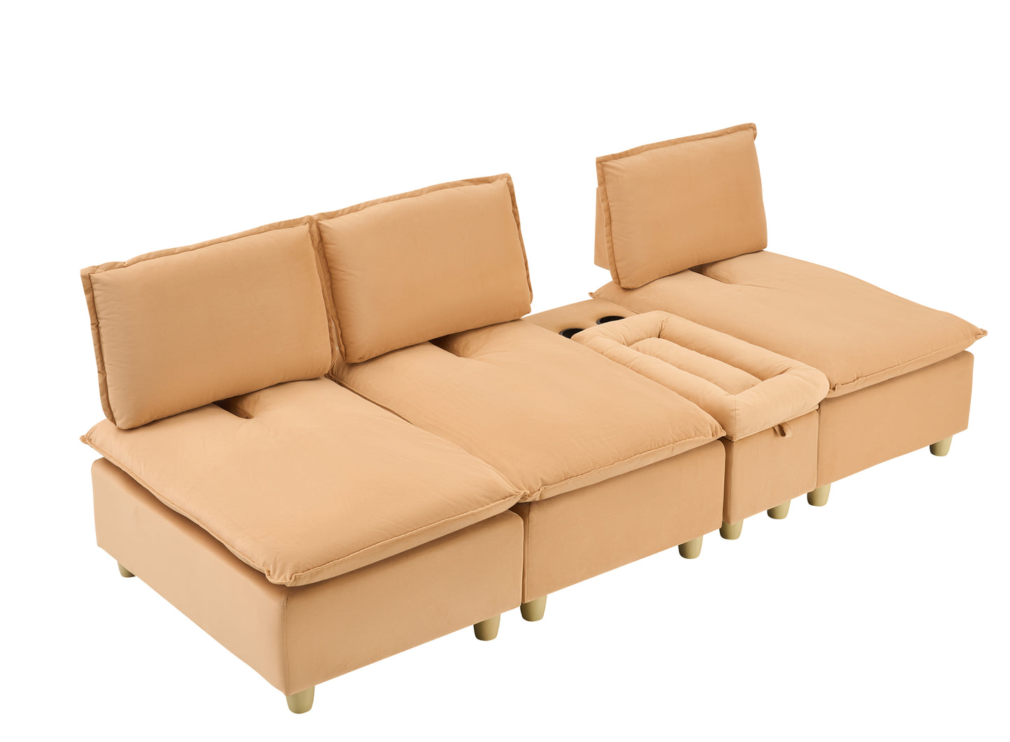 104-inch fashionable and minimalist straight-row three-seater pumpkin-colored flannel sofa with a storage compartment, cup holders and an adjustable backrest is suitable for living rooms and balconies