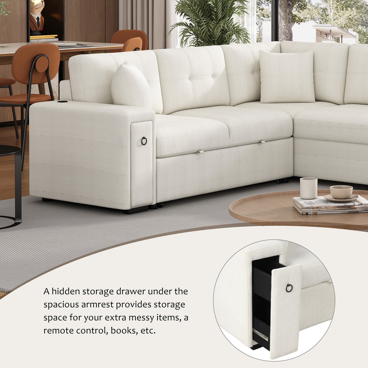 86.6" Sectional Sofa L-shaped Sofa Couch Pull-out Sofa Bed with a Movable Ottoman, Two USB Ports and Two Cup Holders for Living Room, Beige