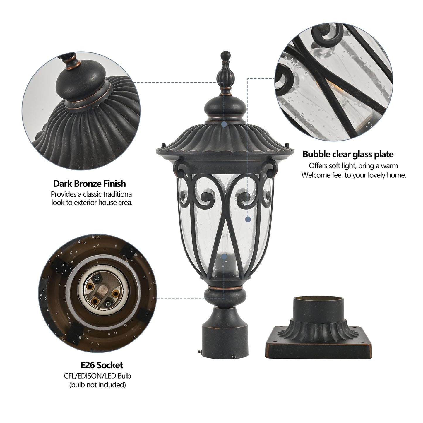 1-pack Vintage Black Outdoor Post Lantern - Waterproof Aluminum Lamp Post Light with Bubble Glass, Decorative Garden Pathway Lighting for Yard, Patio, or Driveway (Bulb Not Included)